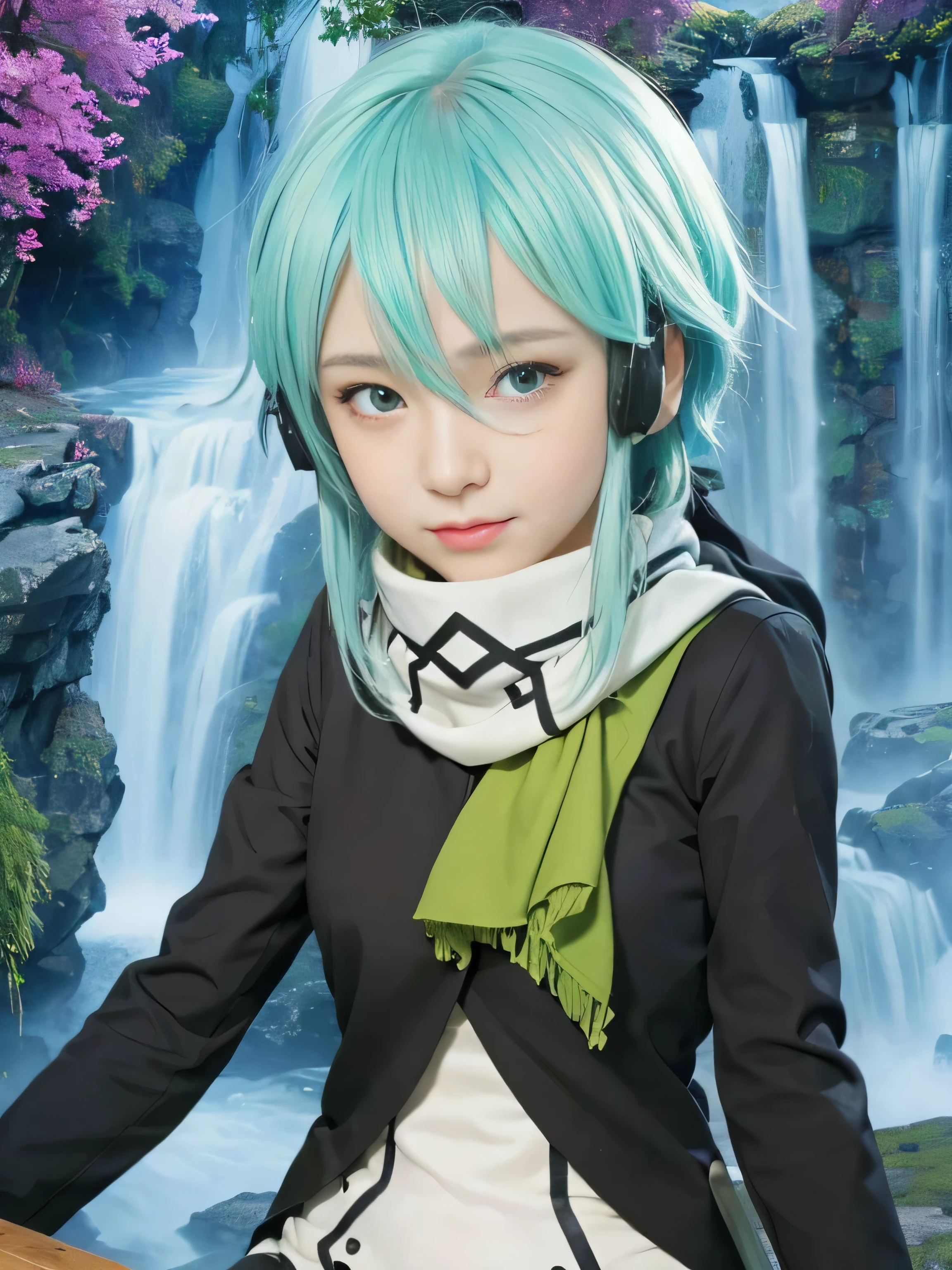 masterpiece, best quality, (realistic,photo-realistic:1.4), (RAW photo:1.2), extremely detailed CG unity 8k wallpaper, delicate and beautiful, amazing,finely detail, official art, absurdres, incredibly absurdres, huge filesize, ultra-detailed,extremely detailed eyes and face,light on face,little smile,(cyan hair:1.4),sinon,sidelocks,wearing scarf,jacket,waaterfall background
