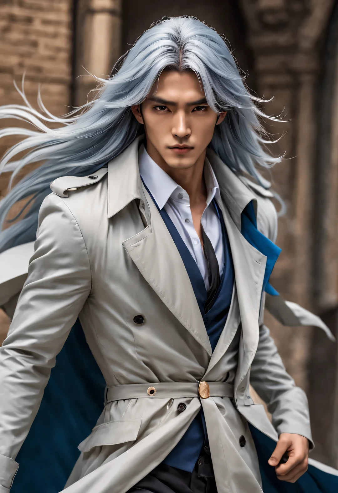 (male character design), Half body photo, Staring at the camera,
(Chinese handsome man Gao Changgong, Prince of Lanling, in front of the computer), (Messy long white hair: 1.2), (Wearing a long fashionable blue windbreaker: 1.34), Have a perfect figure, Fair and delicate skin, looks like a virgin, Lips as red as vermilion, high nose bridge, deep eyes, But there is an extraordinary heroic spirit between his eyebrows. He has a slender figure, Has beautiful muscle lines, like a perfect sculpture (Half of his face is covered with an ornate blue and gold mask), His character is brave and beautiful, like a woman, Be brave and decisive. There is an indescribable tenderness and warmth deep in his heart (Inspired by American actor John Lone), Surrealism, background: Modern office, HD, high quality, HD analysis, 32k,