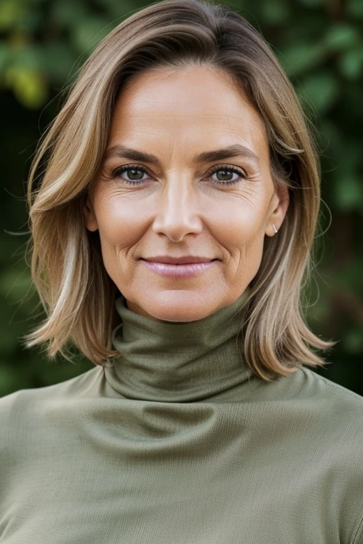 60yo woman, mature, beautiful female arafed model, forehead wrinkle , attractive beautiful face, light brown hair with blond highlights, big saggy boobs, pokies:1.3, fotorealistisch, Sommersprossen Gesicht, Cinematically beautiful natural skin, beautiful model girl, guckt direkt in die Kamera, RAW Fotografie sehr realistisch, wear in (light green tight long turtleneck:1.2), (leather pants1.2), full person, smile