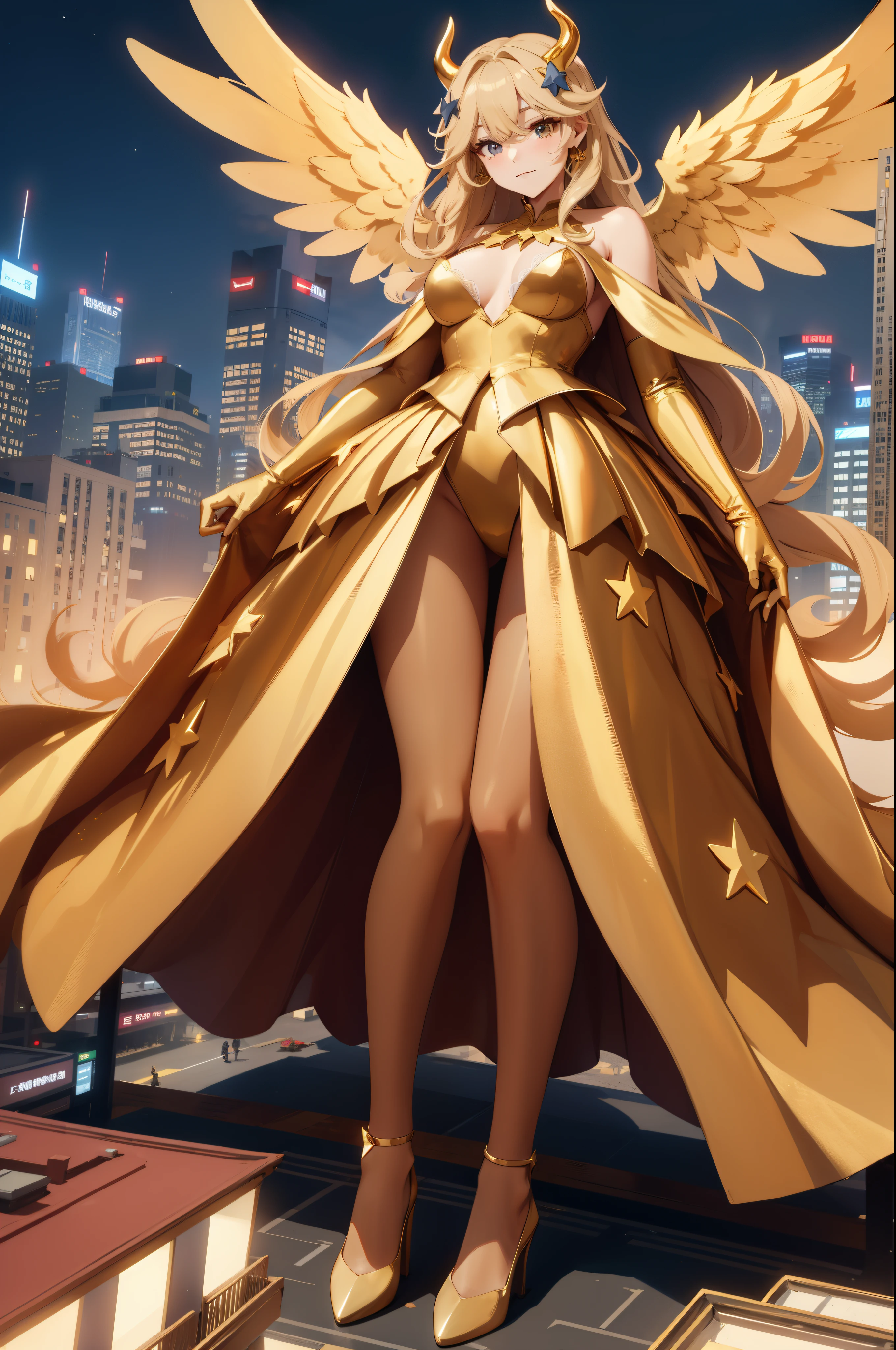 Aerial View，giant girl 50,000 feet high，Weight 1000kg，Has a pair of huge golden angel wings，With huge devil horns on his head，Has waist-length blond hair，loose hair，Blonde hair with big wavy curls，Wearing a pair of gold Mary Jane high heels，Gold lace gloves，gold lace pantyhose，Bow and star embellished tights，金色蕾丝whole body，Standing tall above the small town，Beautiful appearance，Exquisite makeup，quality，8k，高quality，Perfect proportion, Cinema lighting，film grain，Fuji colors，8k，textured skin，Super details，high detail，high resolution，fake smile，blood stains，脚底有blood stains，whole body，fat，feather