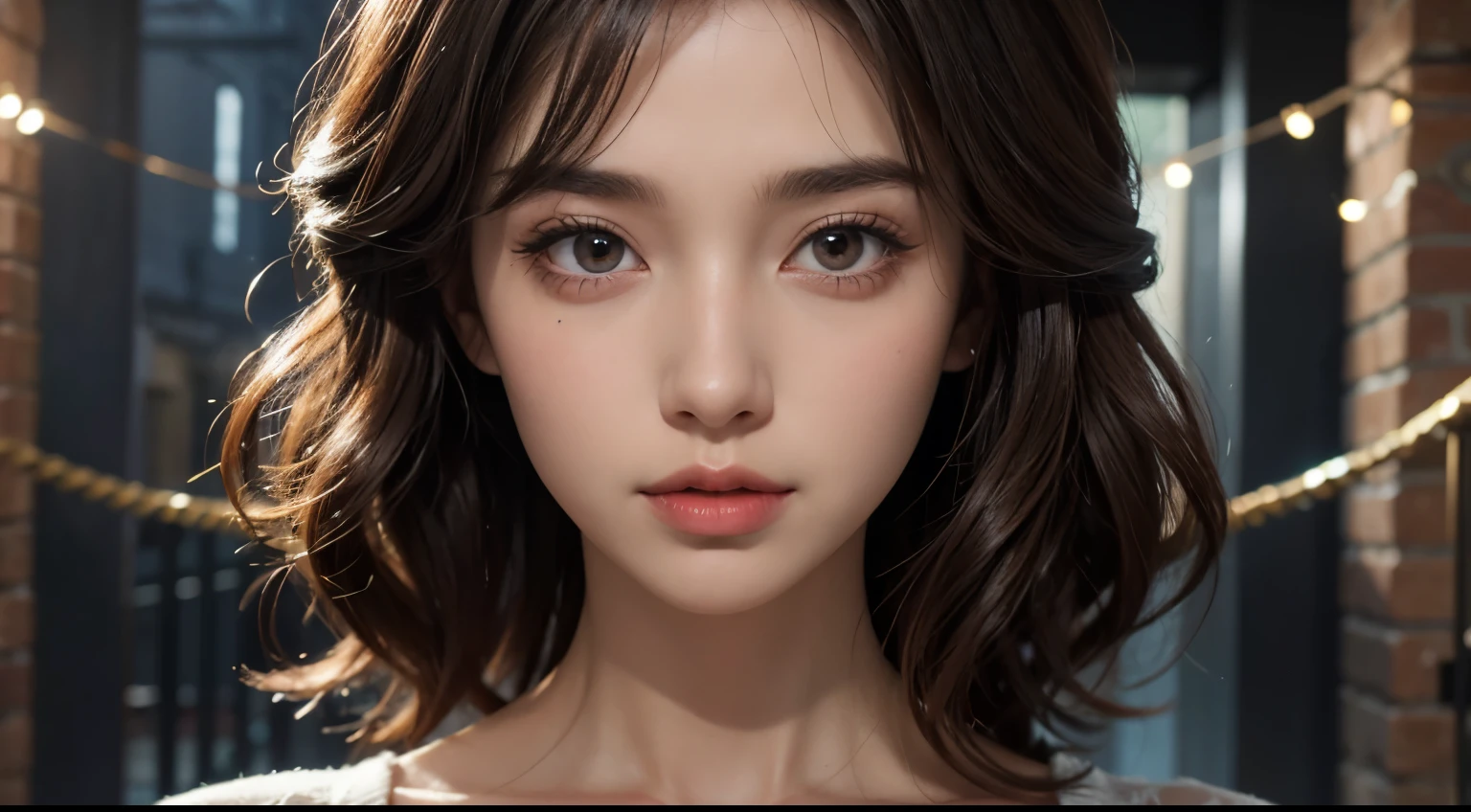 A beautiful woman with dark brown hair. Beautiful double eyes. Wearing fashionable clothes.The bridge of my nose. Well-shaped lips. Mid twenties. The woman looks surprised. A portal connecting to another dimension opens behind the woman.