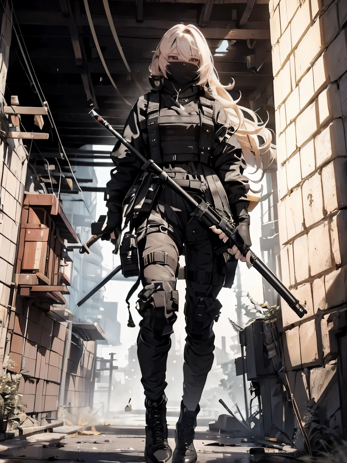 {{Masterpiece, top quality, highly detailed CG, unified 8k wallpaper, movie lighting, lens flare}}, 1 girl holding a rifle through the wall, wide view, thick body, long blonde hair soaring in the wind, green eyes, (holding a weapon, holding a rifle, aiming, aiming: 1.4), gun, h&k hk416, carbine, open fire, rubble, ruins of conflict areas, plumes, nitric smoke, blast waves, Flying bullets, sniper, 35mm, f/1.8, night, long bangs

