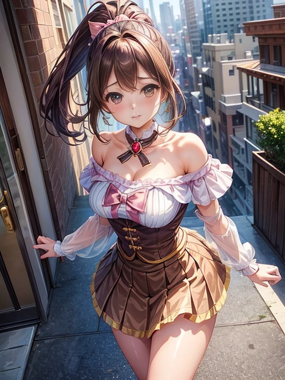 highest quality、All limbs、full finger、one beautiful woman、beautiful big breasts、((Neck-length ponytail))、brown hair、((cosplay、Magical girl、off shoulder、mini skirt、Panty shot))、roof of the building、Crisp face、M-shaped legs、blush