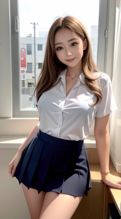 Japanese,whole body,Big eyes,small face,school uniform,in the dark,thick body:1.8,huge breasts:1.6,Glossy skin,smile,school classroom,after school,sunset、golden hair、long hair、valley、open shirt、mini skirt、beautiful feet、perfect style、Lace Bra