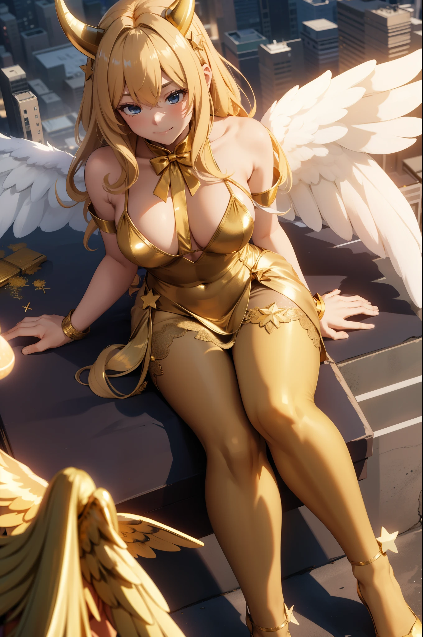 Aerial View，giant girl 50,000 feet high，Weight 1000kg，Has a pair of huge golden angel wings，With huge devil horns on his head，Has waist-length golden hair，loose hair，Big wavy blonde curls，Wearing a pair of gold Mary Jane heels，Gold lace gloves，gold lace pantyhose，Pantyhose with bow and star decorations，金色蕾丝whole body，Standing upright on a small city，Beautiful appearance，Exquisite makeup，quality，8k，高quality，Perfect proportion, Cinema lighting，film grain，Fuji colors，8k，textured skin，Super details，high detail，high resolution，fake smile，blood stains，脚底有blood stains，whole body，Obese，feather