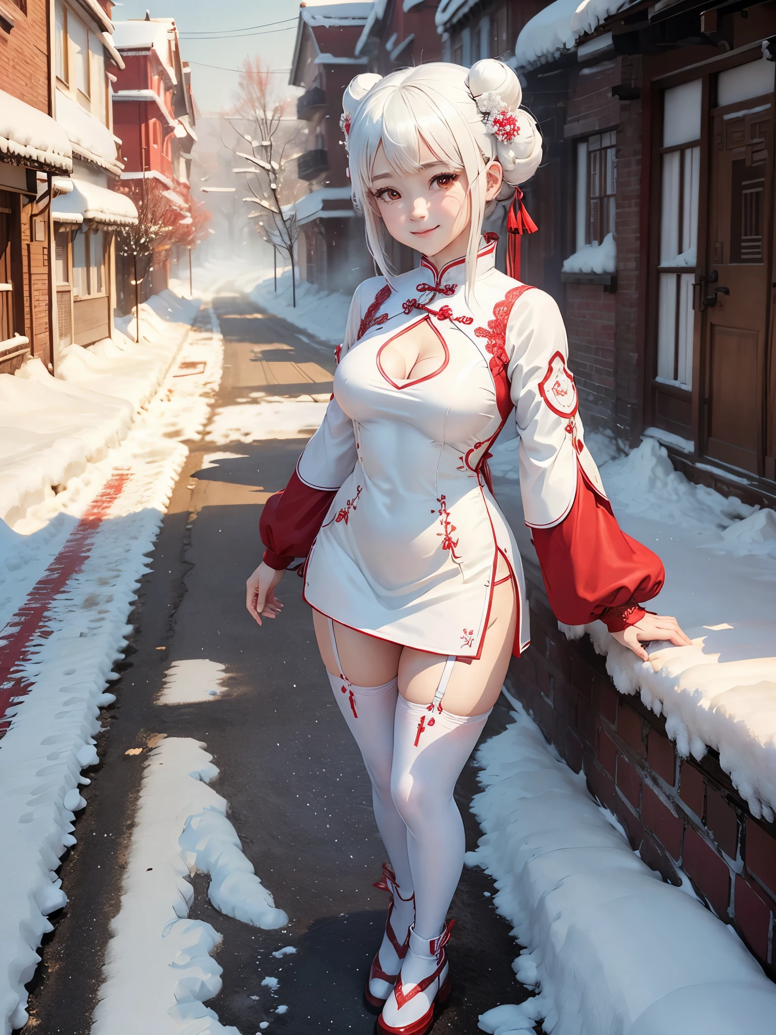 1 girl, young girl, white hairs, realistic anime girl, smiling, ((revealing cheongsam, red, cutout, white stockings )), snow covered streets, snow fall, double hair buns,standing