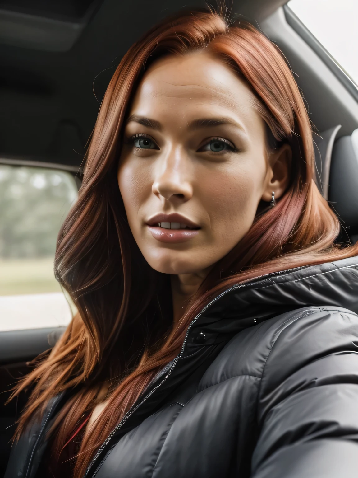 Eine Frau, 26 Jahre alt, with dyed red hair, Mischung aus 10% Megan Fox und 15% Gal Gadot und 20% Blake Lively, 172cm height, 68kg Gewicht, clear green eyes, lange Wimpern, perfekt geformte Augenbrauen, slim and well-defined body, curvy body, elegant thin nose, kleine Ohren, vollen Lippen, White teeth, kleine, weiche, ladylike hands, painted fingernails, (wears a black winter jacket), high resolution, Meisterwerk, best quality, komplizierte hohe Detailgenauigkeit, Sehr detailliert, scharfer Fokus, detaillierte Haut, realistische Hautstruktur, echte Hautstruktur, Realistische Textur, Fachmann, wahres Leben, ultrarealistisch, Fotorealismus, Fotografie, realistic Fotografie, UHD, (Selfie im Auto, Wintertag) 