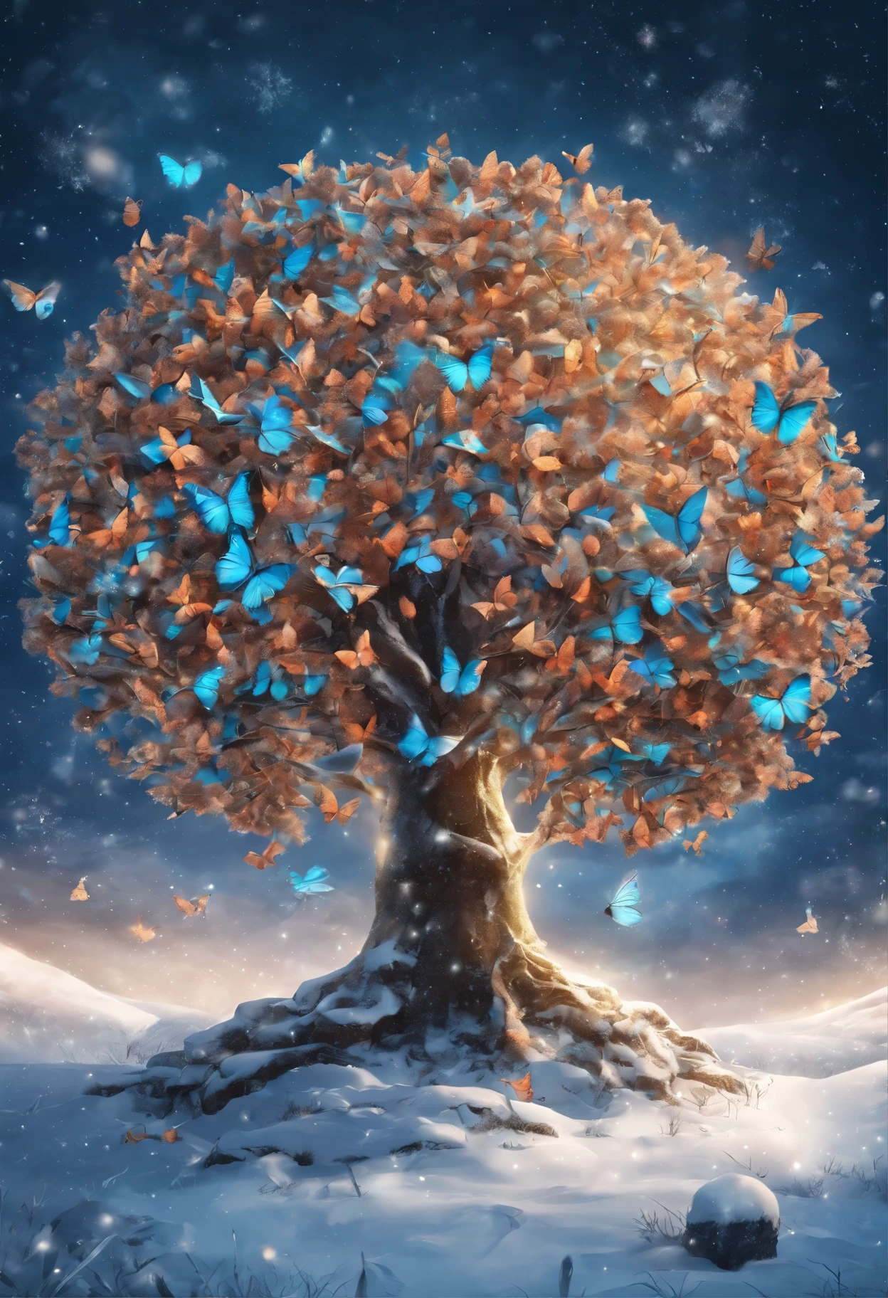 there are many butterflies flying around a Christmas tree in the snow, Fantasy winter scene, Glowing butterflies, beautiful iphone wallpaper, Christmas tree, holiday season, Butterflies and sunrays, beautiful wallpaper, The Magic Tree, wallpaper for mobile phone, The Magic Tree, awesome wallpaper, Snowy Winter Christmas Night, iphone wallpaper, light snowfall, background image, The Magic Scene, Tree covered in moths, The Fantasy Tree, beautiful high resolution