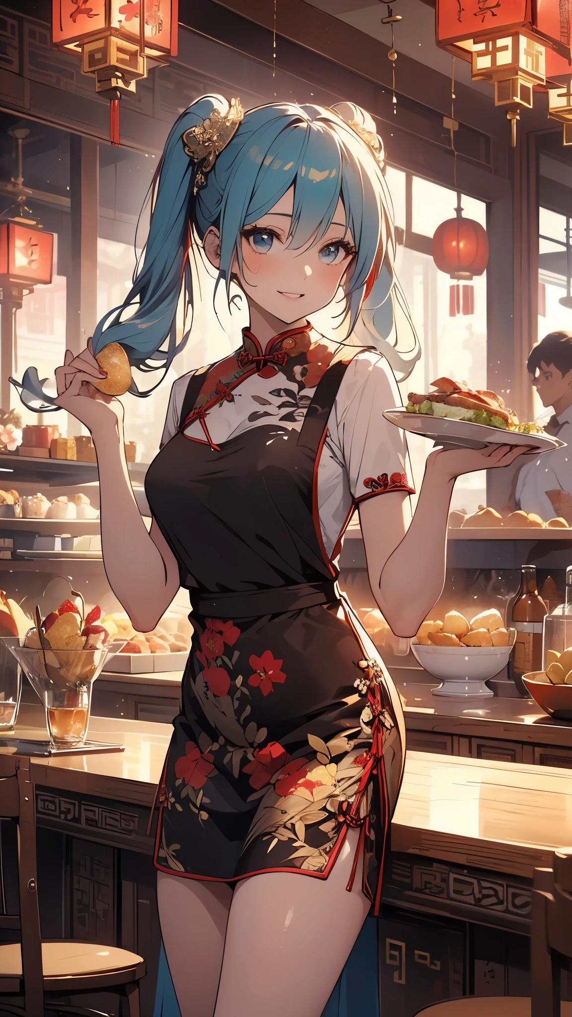 (((Masterpiece,Super Detail,in 8K,32K,best composition,Rim lighting,photorealistic,extremely sharp edges))),one beautiful girl,(Hatsune Miku:1.3),Shining detailed eyes,light-blue double bun with fluffy hair ornament,super detailed shiny skin,slender body,boobs,((big smile,lips wide open)),beautiful posture,(cheongsam dress,Red with gold thread embroidery,super delicate floral pattern:1.5),beautiful slim legs,seductive cleavage,(busily as a waitress,carry food with both hands:1.7),chinese restaurant,lively,rising steam,(particles of light:1.5),curvaceous