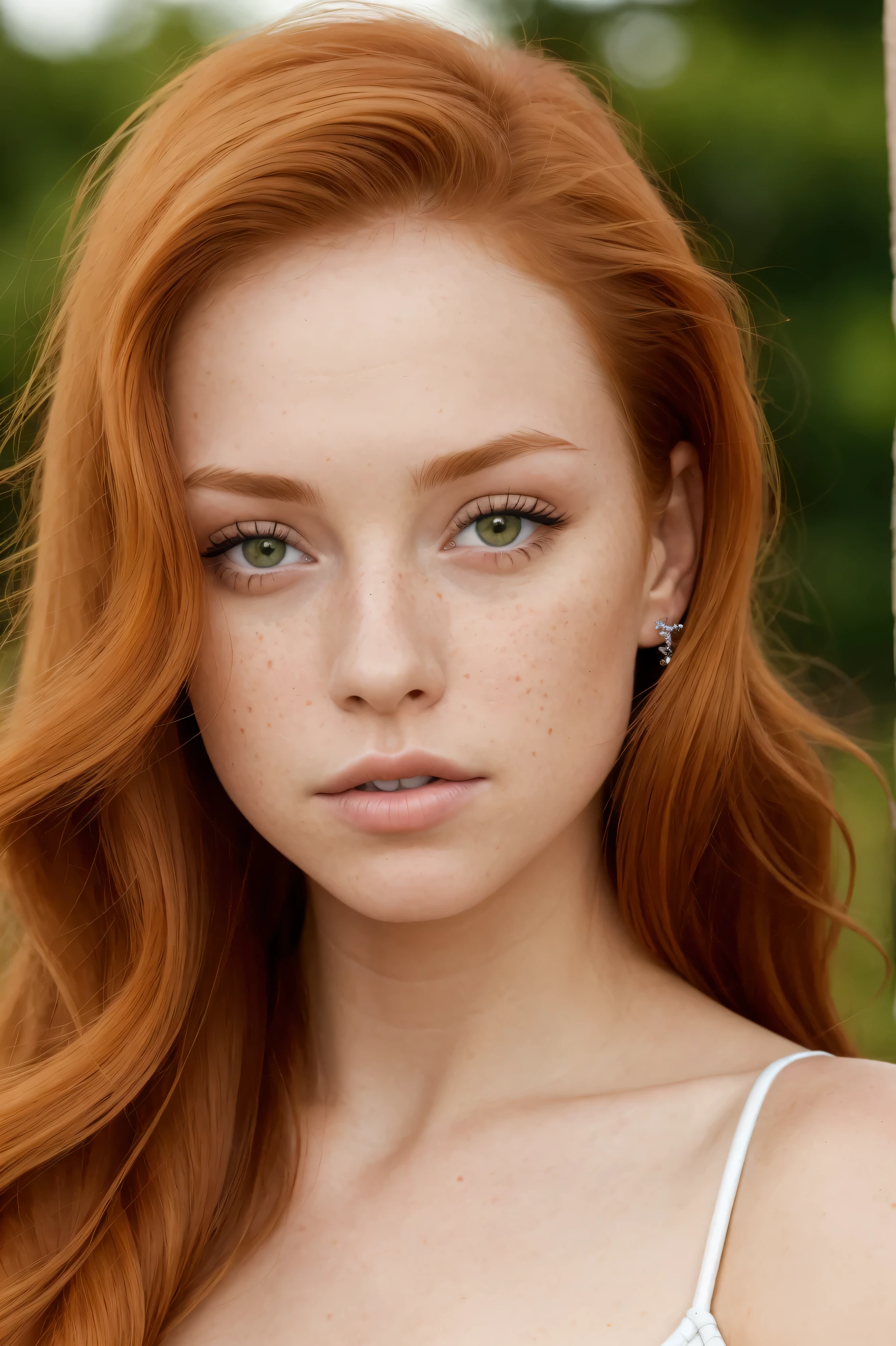 (close-up editorial photo of 20 yo woman, ginger hair, slim American sweetheart), (freckles:0.8), (lips parted), realistic green eyes, POV, realistic, film grain, 25mm, f/1.2, dof, bokeh, beautiful symmetrical face, perfect sparkling eyes, well defined pupils, high contrast eyes, ultra detailed skin, skin pores, vellus hair, fabric stitching, fabric texture, wood grain, stone texture, finely detailed features