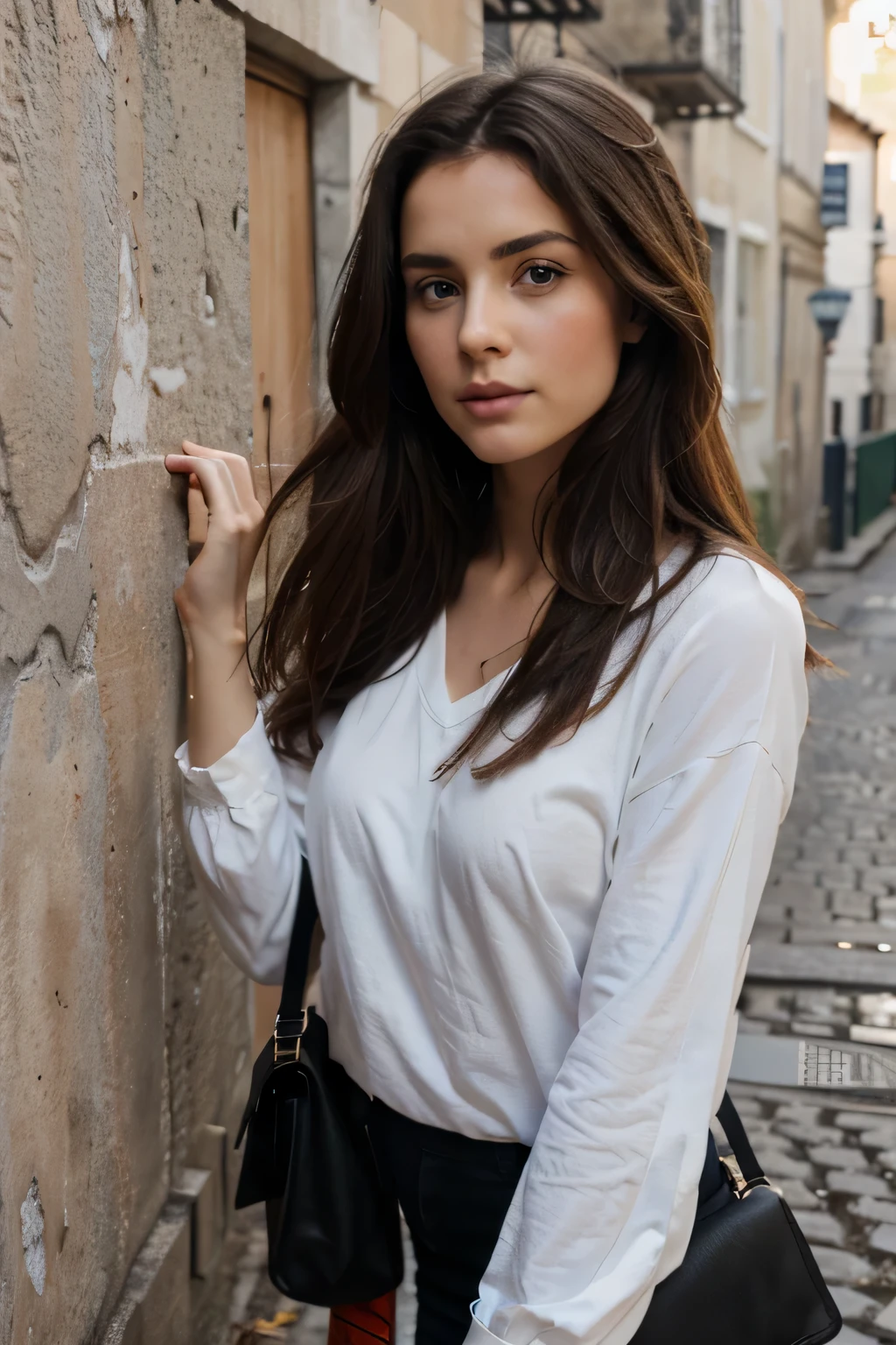 belle brune contre un mur dans la rue