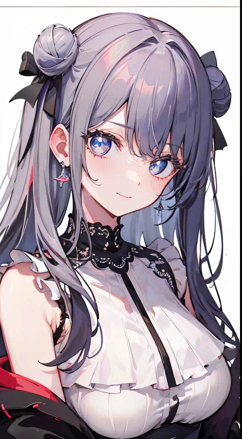 ((beautiful elegant girl)), blue big eyes, 1 petite and slender woman, slightly bigger breasts, ((Gray hair)),((black ribbon twin bun hair,)),In 8K, top quality, (highly detailed head: 1.0), (very detailed face: 1.0), (highly detailed hair: 1.0),((black idol style costume)、jewelry earrings, Detailed official artwork, clean detailed anime art,(gentle smile),