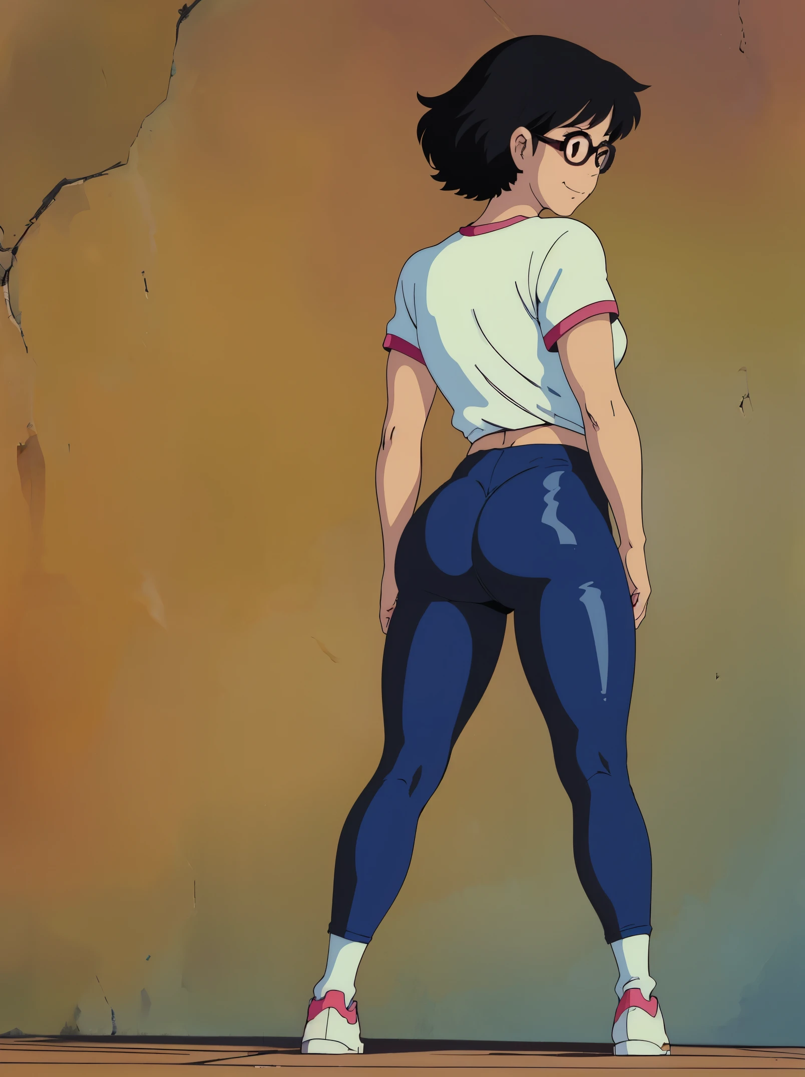 Female, white skin, black hair, medium hair, brown eyes, T-shirt, seiko-cut chan, , medium , biker leggings, short socks, shoes, Wallpaper, 1980’s, nerd girl, fit, slim figure, looking back, back of view, smirking, nice , 