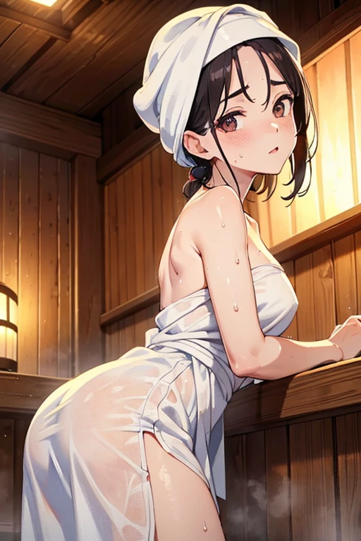 1 Beautiful Mature Woman, alone, (masterpiece, highest quality, mulberry: 1.37), looking at the viewer, The whole body can be seen from a short distance, back view, sauna, double eyelid, droopy eyes, black hair, (Face wet with sweat, sweaty body: 1.2): 0.2, ( White oversized towel fabric dress, strapless: 1.2), (Small size, White towel turban: 1.1), Finnish sauna, realistic body, compensate, gloss lip, focus on face, small face, sharp focus, layered cut, facing the viewer, sauna hat, shot from the front, bright lighting、meaty、Glamour