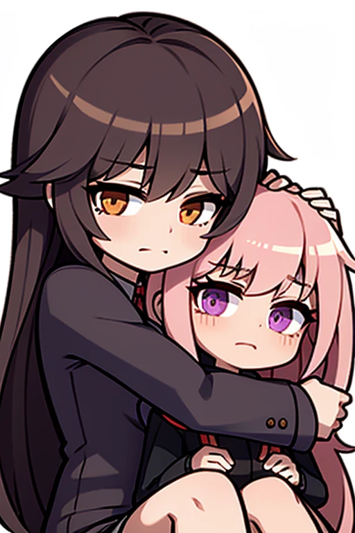 A black haired woman with brown eyes is hugging a pink haired woman with violet eyes
