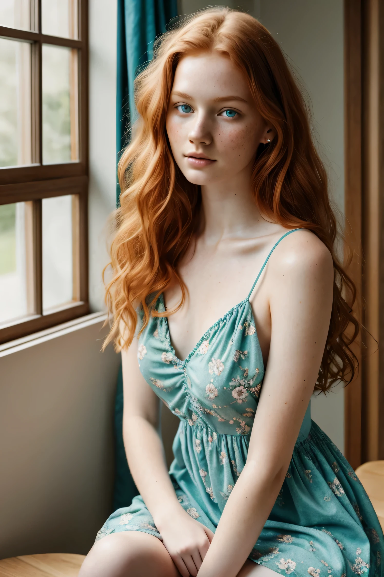 1girl in, age19, Solo, Aesthetic artwork, irish  redhead, wavy ginger hair, shoulder length ginger hair, gray eyes, light grey eyes, some small freckles, pale skin, A-cup, small breasts, runners body, (textured skin, skin pores:1.1), (moles:0.8), imperfect skin, goosebumps, sitting down having coffee, drinking coffee, (extremely detailed 8k wallpaper), soft lighting, high quality, film grain, Fujifilm XT3 sharp focus, f 5.6, 50mm, High Detail, Sharp focus,(natural light), in a teal colored dress. A teal sundress, floral pattern sundress, crazy details, complex details, hyperdetailed