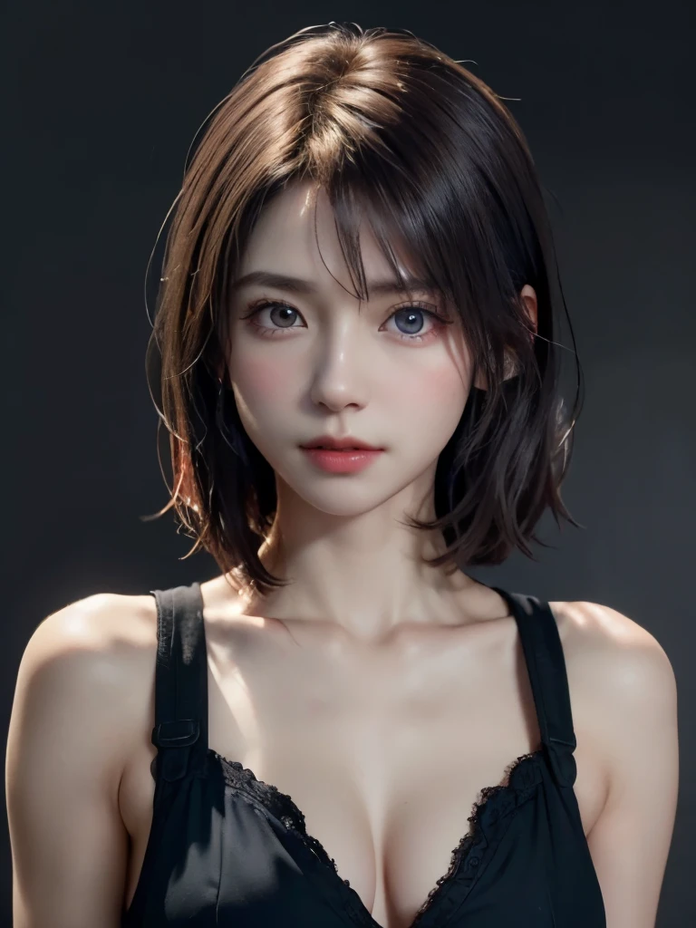 (Representative works:1.3)、(8k、photorealistic、Raw photo、Highest image quality:1.4)、(30 years old mature woman)、small face、beautiful face、(realistic face)、no makeup、 (Dark brown、short hair:1.3)、beautiful hairstyle、realistic eyes、beautiful detailed eyes、 (photorealisticな肌)、beautiful skin、small breasts、Bust B Cup、 Disorganized、 charm、超High definition、Super realistic、 High definition、golden ratio、FF Tifa、Gray background、
