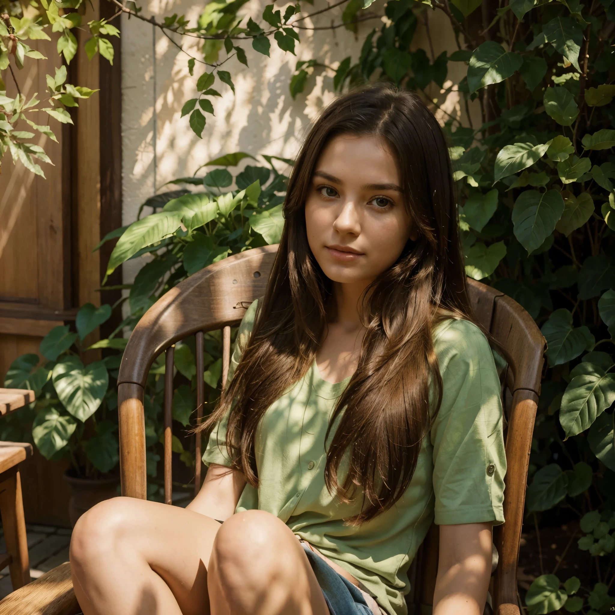 a girl with long brunette hair sitting gracefully on a beautifully crafted wooden chair, surrounded by lush greenery; medium: oil painting, exquisite brushstrokes; additional details: a warm breeze gently rustling her hair, sunrays filtering through the leaves casting a soft glow on her face; best quality, highres, ultra-detailed, realistic:1.37, vivid colors; art style: portraits, natural; color palette: earthy tones with a touch of warm sunlight; lighting: soft, diffused natural light