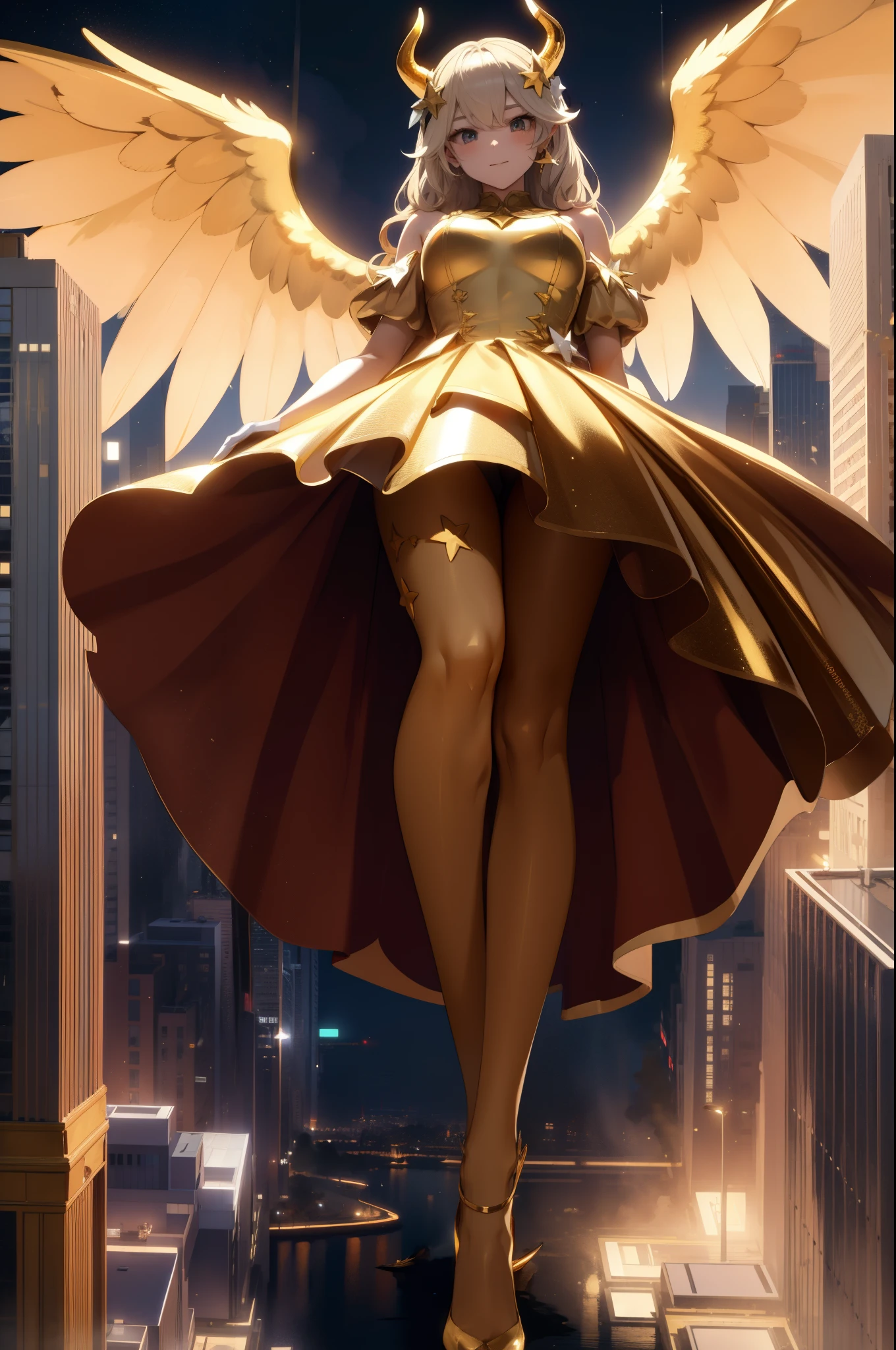Aerial View,giant girl 50,000 feet high,Weight 1000kg,Has a pair of huge golden angel wings,With huge devil horns on his head,Has waist-length golden hair,loose hair,Big wavy blonde curls,Wearing a pair of gold Mary Jane heels,Gold lace gloves,gold lace pantyhose,Pantyhose with bow and star decorations,金色蕾丝whole body,Standing upright on a small city,Beautiful appearance,Exquisite makeup,quality,8k,高quality,Perfect proportion, Cinema lighting,film grain,Fuji colors,8k,textured skin,Super details,high detail,high resolution,fake smile,blood stains,脚底有blood stains,whole body,Obese,feather