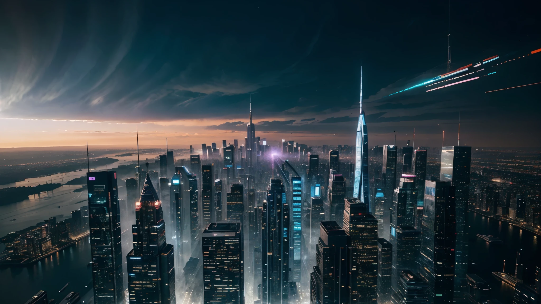 In a society, a technologically advanced civilization of the future bursts with innovation and progress. This captivating image, resembling a digital painting, showcases a sprawling futuristic cityscape with towering skyscrapers adorned with shimmering glass panels, seamlessly integrated with lush green spaces and vibrant energy flows. The meticulously detailed cityscape evokes a sense of awe and wonder, portraying a bustling metropolis where cutting-edge technologies coexist harmoniously with nature. The image radiates an ethereal quality, with vibrant hues of blues and purples enhancing the futuristic ambiance. The high quality of this artwork brings to life the vision of a society that seamlessly combines technology and nature, offering viewers a glimpse into a teclonogical future that is both mesmerizing and inspiring.