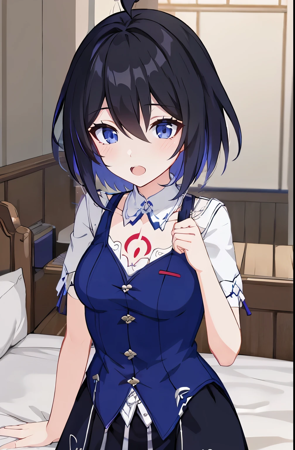 1 girl, best quality, ultra high res, ahoge, Seele Vollerei, medium breast, smile, small body, open mouth, azure clothes, short sleeves, bedroom, white bed sheets, pov, chest  tattoo, upper body, looking at viewers, looking you, blue eyes, black hair, blue hair, perfect detailed, 