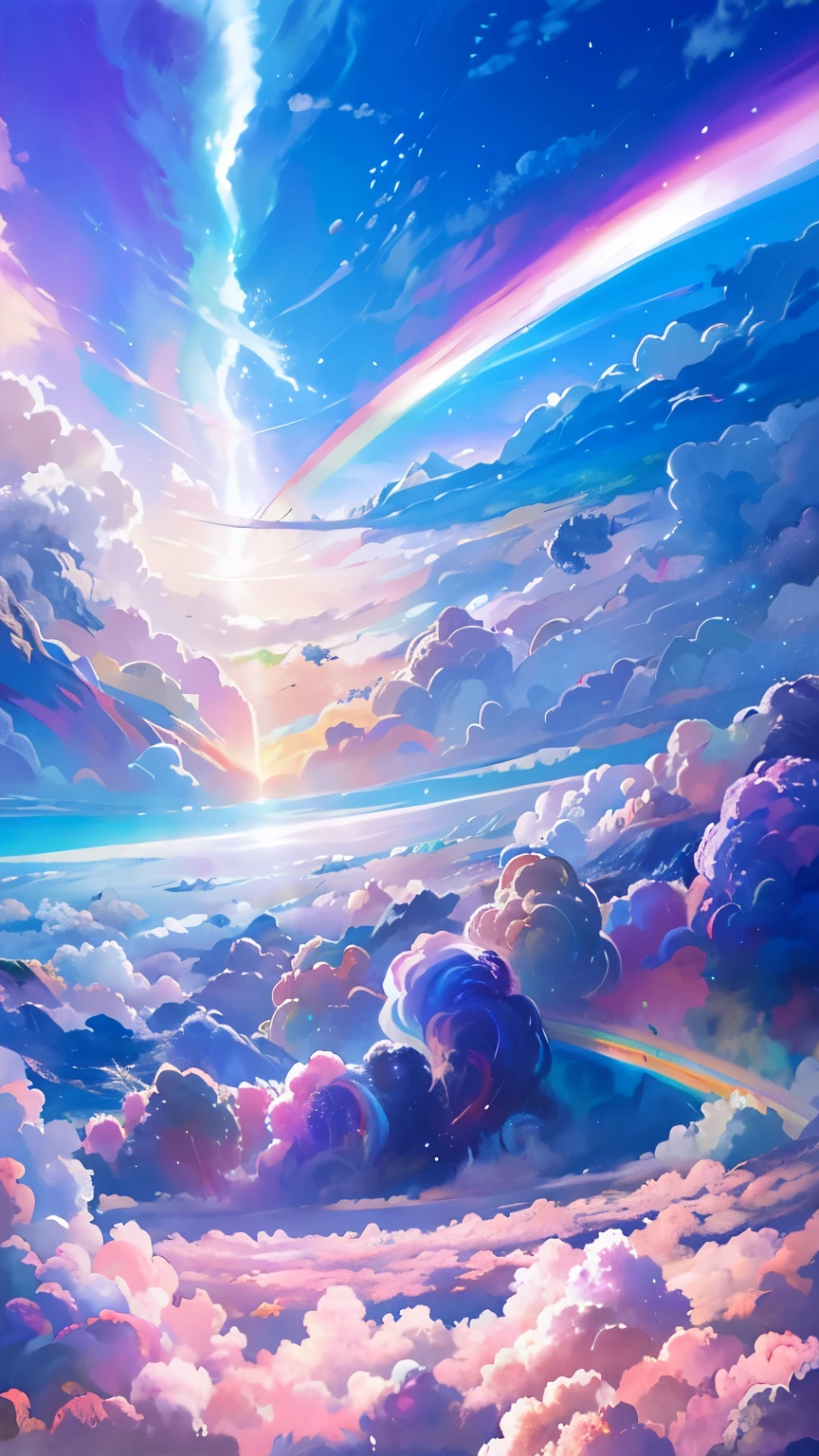 A painting of a rainbow-colored sky with clouds and rainbows, very colorful heavenly, ethereal rainbow nimbus, bright rainbow nimbus, iridescent clouds, heavenly colors, on cosmic cloudscape, sunny rainbow galaxy stormy sea, Rainbow clouds, ethereal rainbows, iridescent clouds, sitting on the cosmic cloudscape, heaven planet in background, Iridescent sky, Heavenly atmosphere