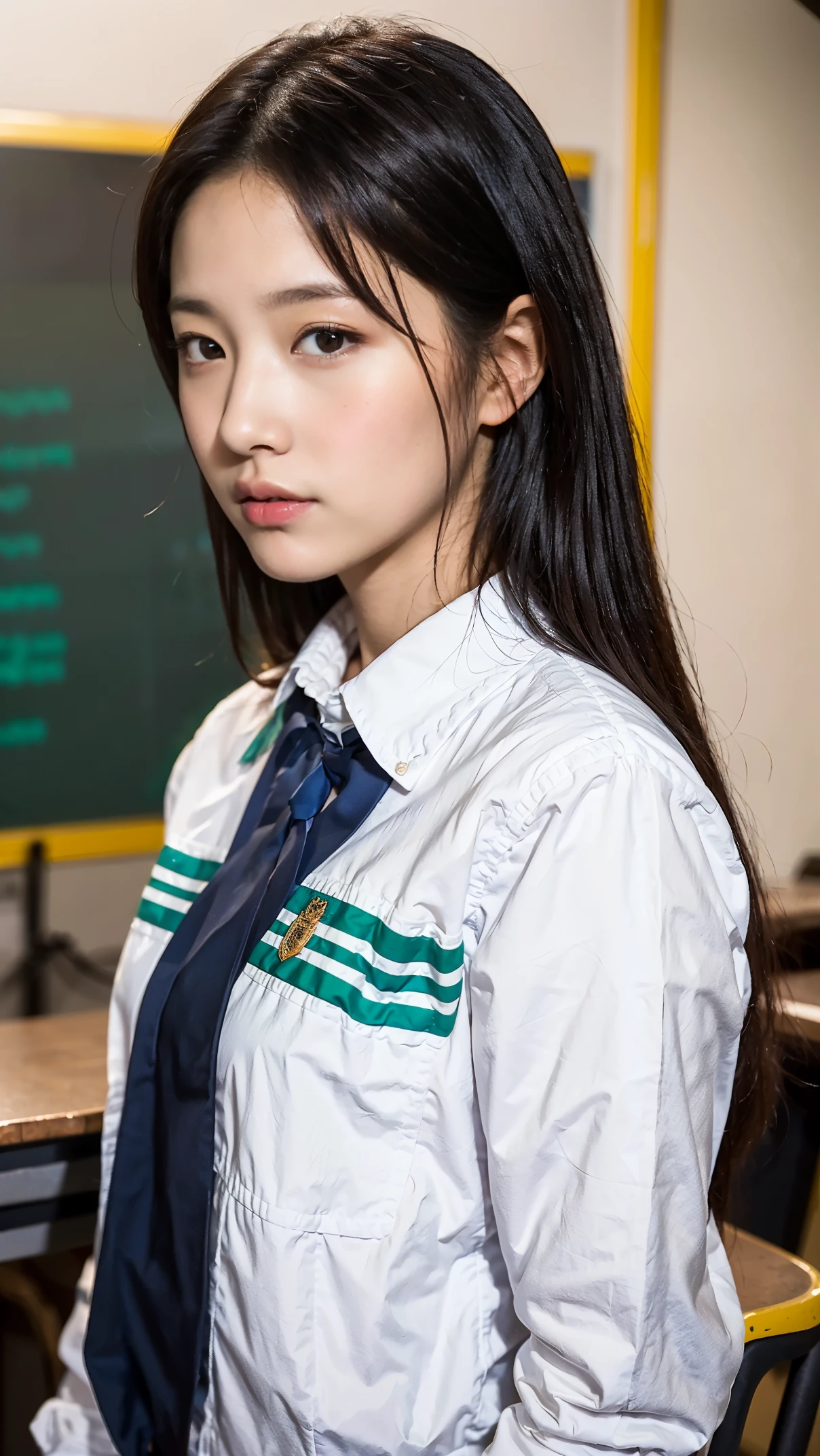 Ulzzang-6500-v1.1, (RAW photos:1.2), (realistic:1.4), Beautiful detailed girl, very detailed eyes and face, beautiful and delicate eyes, does not make sense, incredibly does not make sense, huge file size, very detailed, high resolution, very detailed, best quality, masterpiece, Kemomimi, ((Japanese girls' high school uniform)), illustration, very detailed, CG, unified, 8k wallpapers, amazing, fine details, masterpiece, best quality, very detailed CG uniform 8k wallpapers, face light, movie lights, 1 woman, 18 years old, ((dynamic pose))), (half), (white stockings)), ()), blushing face, delicate facial features, perfect look, Background Classroom