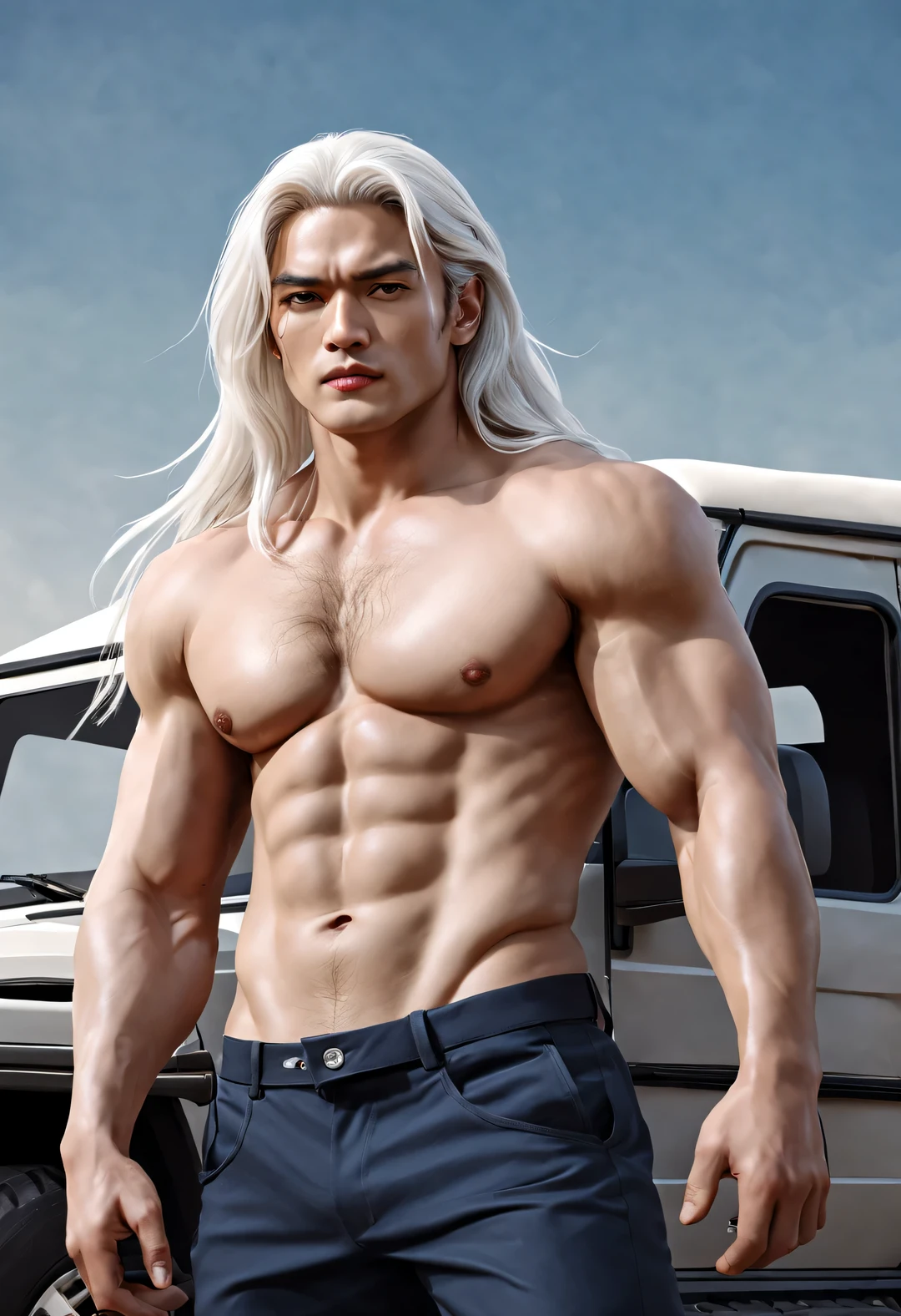 (male character design), Half body photo, Staring at the camera,
(Handsome Chinese Prince of Lanling Gao Changgong drives a Mercedes-Benz G SUV), (Messy long white hair: 1.2), (abdominal muscles), Wearing navy blue wool trousers, Fair and delicate skin, looks like a virgin, red lips, high nose bridge, deep eyes, But there is an extraordinary heroic spirit between his eyebrows. He has a slender figure, Has beautiful muscle lines, like a perfect sculpture. His fingers are long and strong (Half of his face is covered with an ornate blue and gold mask), His character is brave and beautiful, like a woman, Be brave and decisive. There is an indescribable tenderness and warmth in my heart, loyalty (Inspired by actor Marlon Brando), Young Marlon Brando, Surrealism, and background: Driving a Mercedes-Benz G-SUV,
HD, high quality, HD Analysis, 32k,