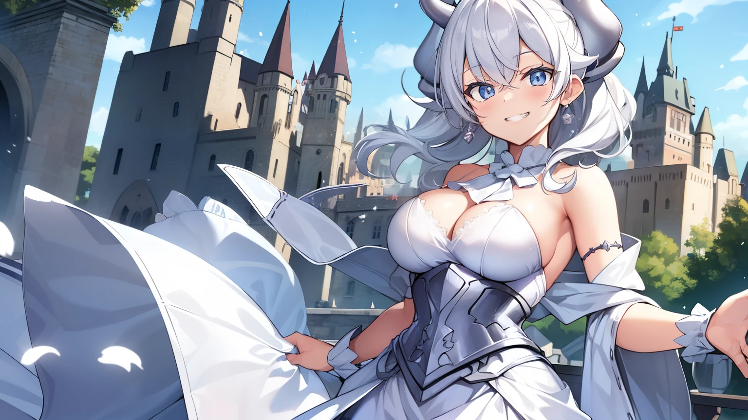 (muste piece, best quality, High resolution, ticker, perfect pixel, Depth of bounds written, In 4K), 
beautiful anime girl, 
Looking at Viewer, 
perfect body,  

white hair, horn, 
white dress, 
grin, 

castle background, 