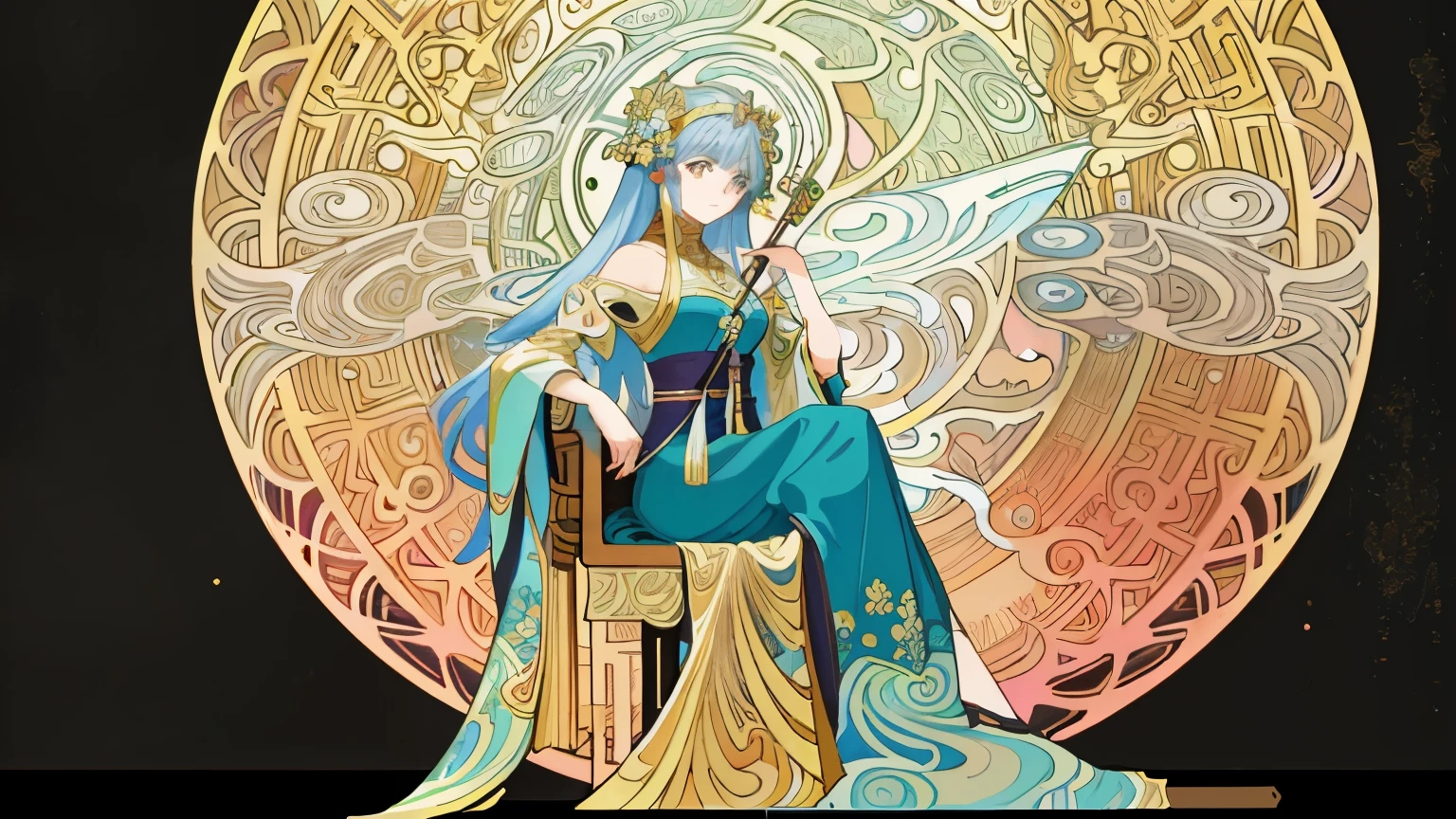 a painting of a woman sitting on a chair with flowers, anime art nouveau, alphonse mucha and rossdraws, alphonse mucha style, korean art nouveau anime, flat shading mucha, in style of alphonse mucha, demura and alphonse mucha, anime art nouveau cosmic display, inspired by Alfonse Mucha, mucha style, flat cel shading mucha, (masterpiece,top-quality,超A high resolution)