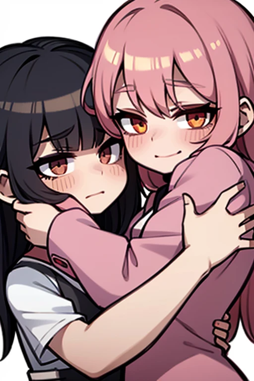 A black haired woman with brown eyes is hugging a pink haired woman with violet eyes
