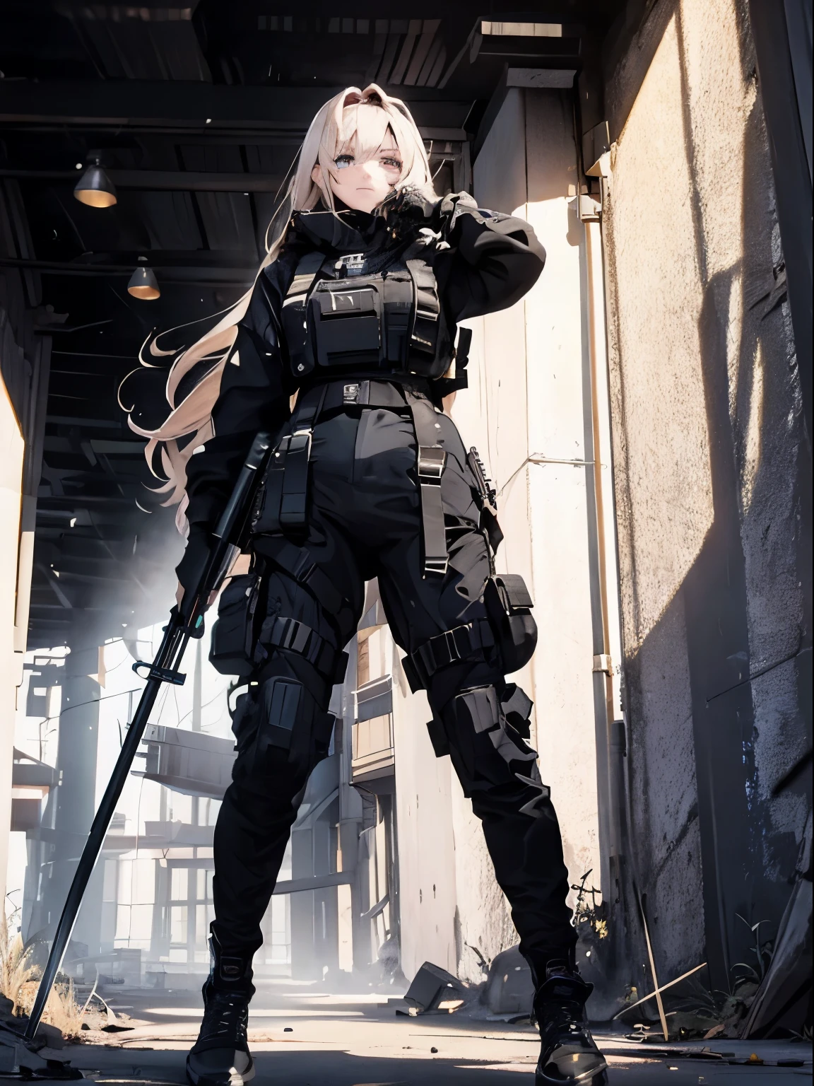 {{Masterpiece, top quality, highly detailed CG, unified 8k wallpaper, movie lighting, lens flare}}, 1 girl holding a rifle through the wall, wide view, thick body, long blonde hair soaring in the wind, green eyes, (holding a weapon, holding a rifle, aiming, aiming: 1.4), gun, h&k hk416, carbine, open fire, rubble, ruins of conflict areas, plumes, nitric smoke, blast waves, Flying bullets, sniper, 35mm, f/1.8, night, blue eyes