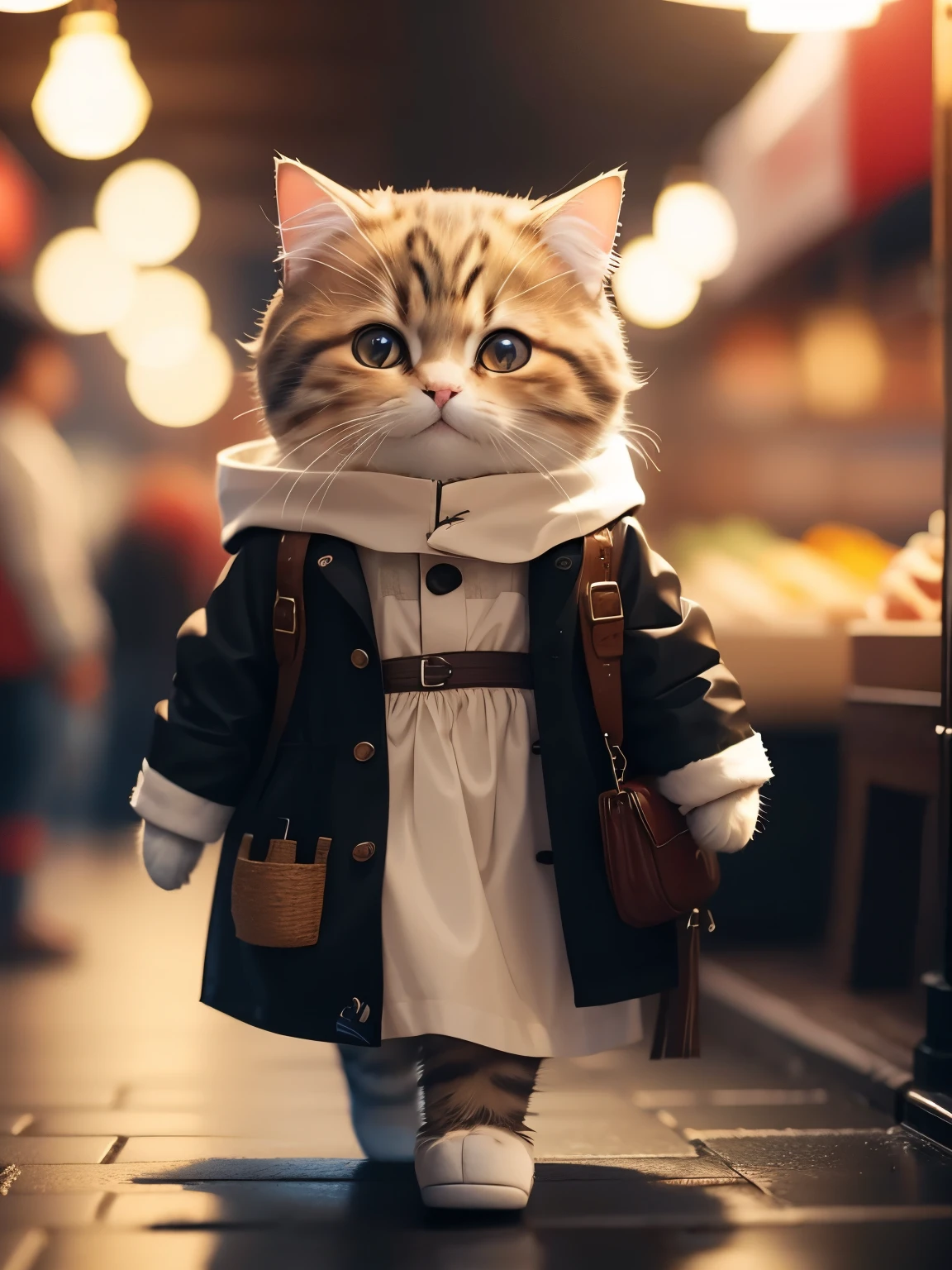 fluffy brown cat, highly detailed cat and fur, wearing dark brown long winter coat, roaming in chinese market, highly detailed image, kodak 400, atmospheric light, 50mm lens, (detailed eyes and features of cat) realistic cat, 8k