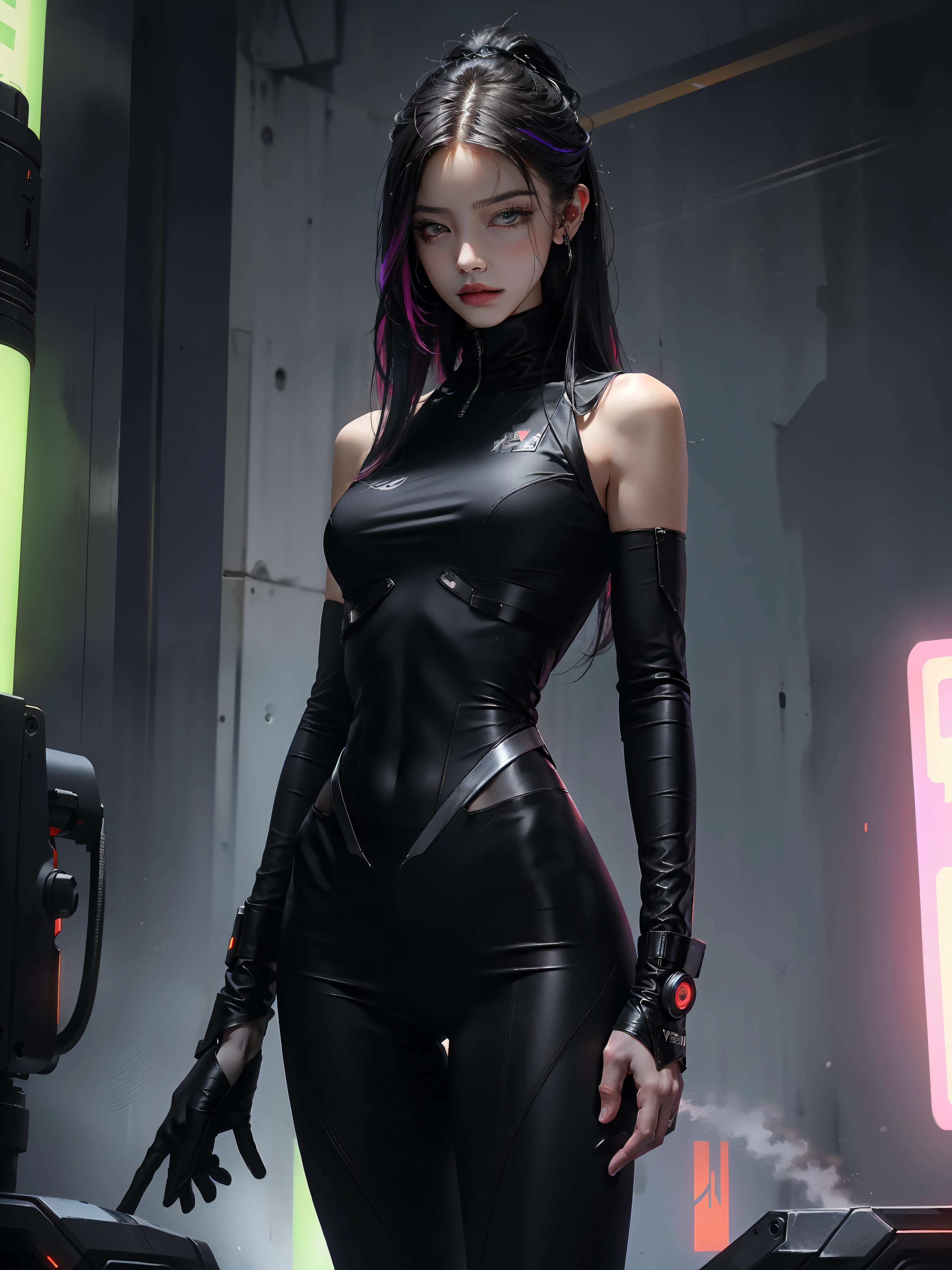 masterpiece, best quality, high resolution, Very detailed, 1 girl looks arrogant at 18 years old, shape, healthy, (She's a villain, She is the final boss (female focus:1.3), miss, healthy, muscular, (Hips are very thin:1.1), (Waist is very wide:1.1), Blade Runner suit, cyberpunk clothing, Chuanghui Hair, Colorful hair