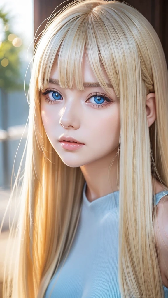 Sexy blonde girl of outstanding beauty、Facial hair、shiny long bangs、Very beautiful bright light blue big eyes、princess eyes、very big eyes、Gentle bright face、blonde super long silky hair、hair above eyes、片hair above eyes、hair between eyes、hair play,face over hair