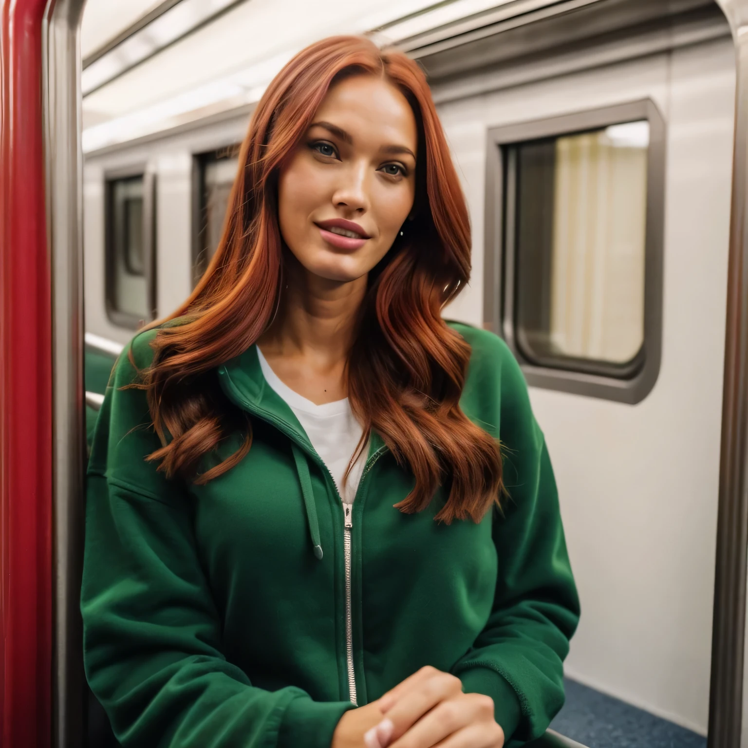 Eine Frau, 26 Jahre alt, with dyed red hair, Mischung aus 10% Megan Fox und 15% Gal Gadot und 20% Blake Lively, 172cm height, 68kg Gewicht, clear green eyes, lange Wimpern, perfekt geformte Augenbrauen, slim and well-defined body, curvy body, elegant thin nose, kleine Ohren, vollen Lippen, White teeth, kleine, weiche, ladylike hands, painted fingernails, (wearing a green sweatshirt and a black winter jacket), high resolution, Meisterwerk, best quality, komplizierte hohe Detailgenauigkeit, Sehr detailliert, scharfer Fokus, detaillierte Haut, realistische Hautstruktur, echte Hautstruktur, Realistische Textur, Fachmann, wahres Leben, ultrarealistisch, Fotorealismus, Fotografie, realistic Fotografie, UHD, (Selfie von oben im Zug, auf dem Sitz sitzen, Wintertag)