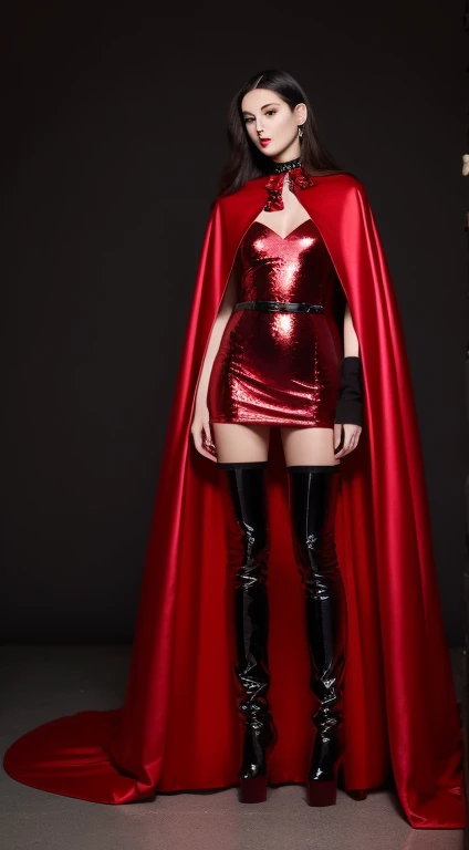 in charch,asian beauty,be realistic,red sequin dress,A super long and wide black satin vampire cloak that wraps around the body,cape,with a red satin bat style collar that reaches to the top of the head,Black thighhigh boots with stiletto heels, standing,frontage,full body image