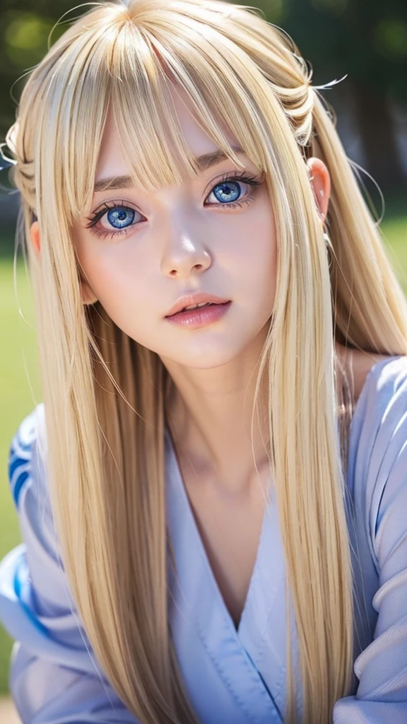 Sexy blonde girl of outstanding beauty、Facial hair、shiny long bangs、Very beautiful bright light blue big eyes、princess eyes、very big eyes、Gentle bright face、blonde super long silky hair、hair above eyes、片hair above eyes、hair between eyes、hair play,face over hair