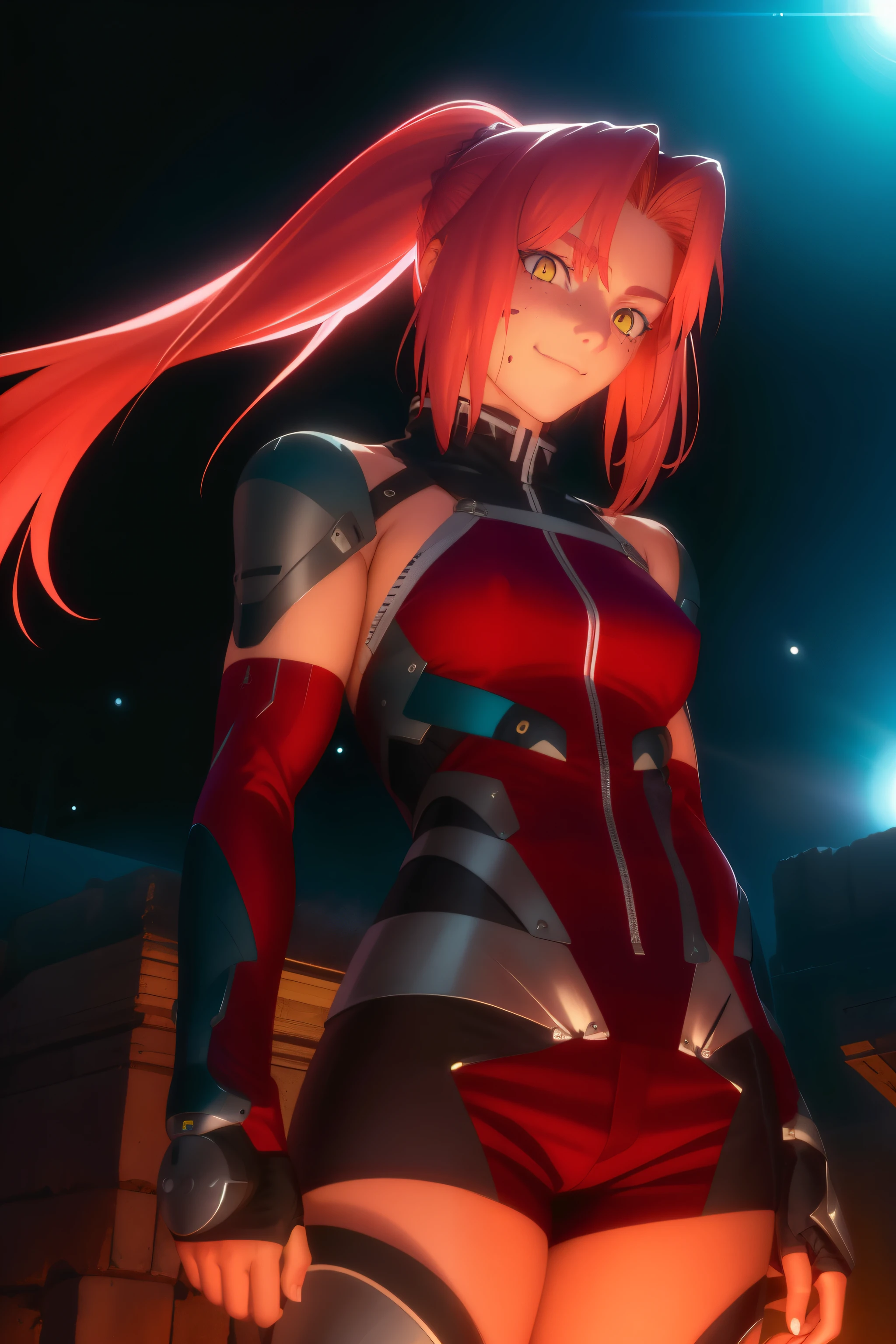 Low Girl, short pink hair, yellow eyes, light eyes, straight eyes, same eyes, hair in a low ponytail, wild hair, Sloppy hairstyle, freckles, snub nose, Broad smile, GLAD, shoulder length hair, red costume, shorts, фуфайка, European appearance, Beautiful hands, на фоне spaceа, masterpiece, High quality, space, на фоне spaceа, cyberpunk, soft smile, gentle smile, Mischievous gaze