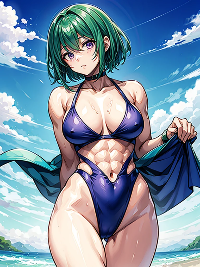 （（（masterpiece、Highest image quality、highest quality、highly detailed unity 8ｋwallpaper）））、（（Illustration of one girl））、（（（beautiful girl）））、（（green hair、pixie cut：1.3、sidelocks、purple eyes））、（stocky build, thickset physique, muscular legs, broad shoulders：1.2, solid chest：1.3）、swimsuit、sandy beach