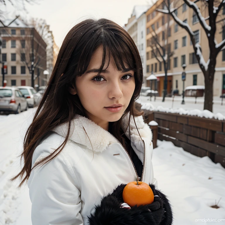 young woman,ussr,fur coat ,in winter with tangerines ,Brunette 