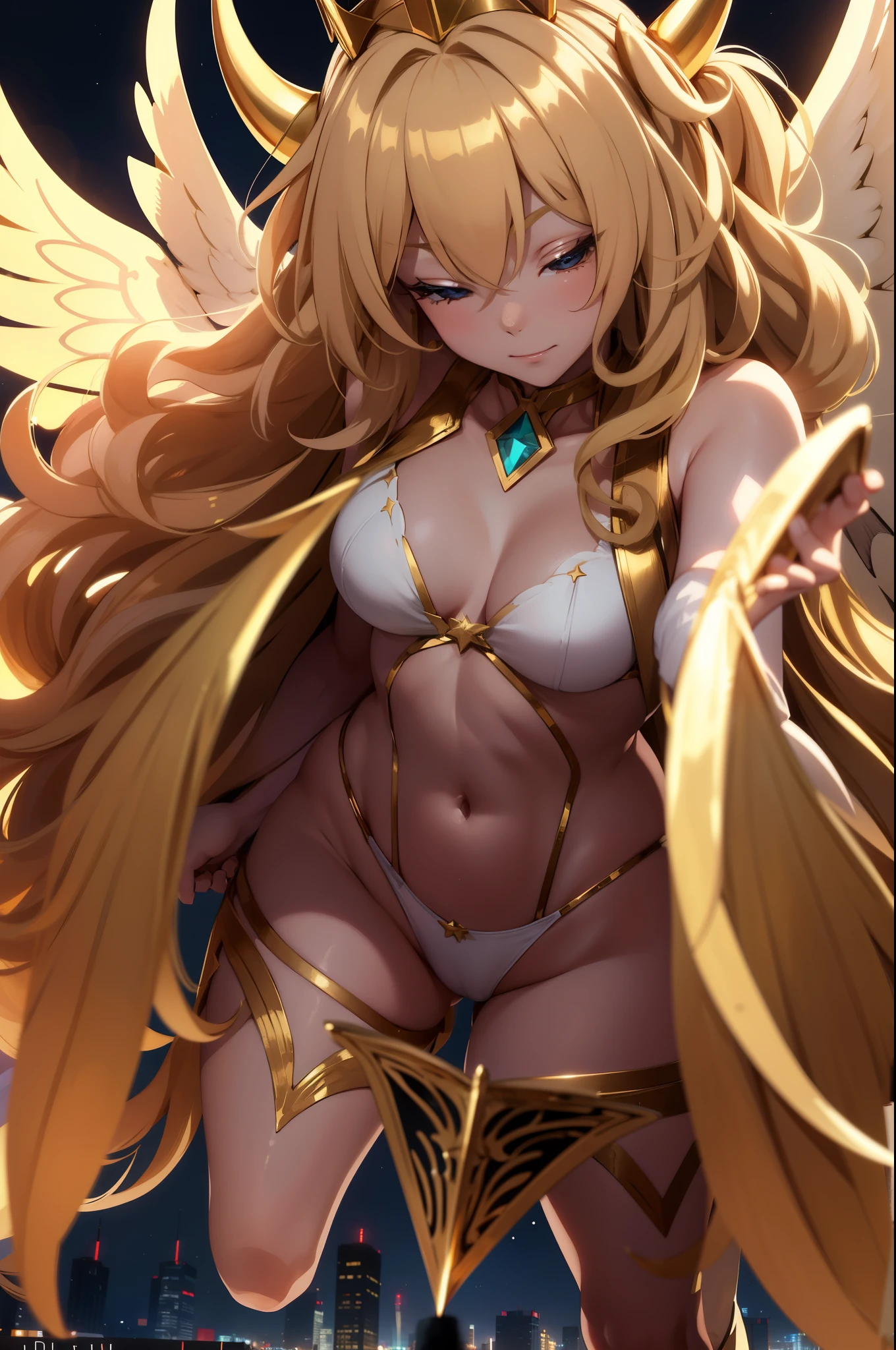 Aerial View,giant girl 50,000 feet high,Weight 1000kg,Has a pair of huge golden angel wings,With huge devil horns on his head,Has waist-length golden hair,loose hair,Big wavy blonde curls,Golden crown,Wearing a pair of gold Mary Jane heels,Gold lace gloves,gold lace pantyhose,Pantyhose with bow and star decorations,金色蕾丝whole body,Standing upright on a small city,Beautiful appearance,Exquisite makeup,quality,8k,高quality,Perfect proportion, Cinema lighting,film grain,Fuji colors,8k,textured skin,Super details,high detail,high resolution,fake smile,blood stains,脚底有blood stains,whole body,Obese,feather