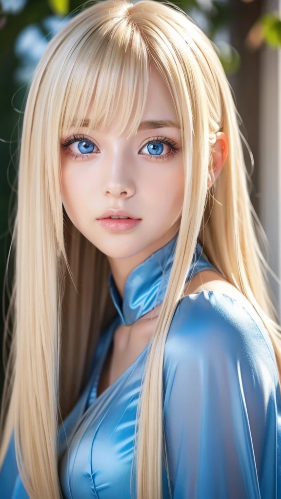 Sexy blonde girl of outstanding beauty、Facial hair、shiny long bangs、Very beautiful bright light blue big eyes、princess eyes、very big eyes、Gentle bright face、blonde super long silky hair、hair above eyes、片hair above eyes、hair between eyes、hair play,face over hair