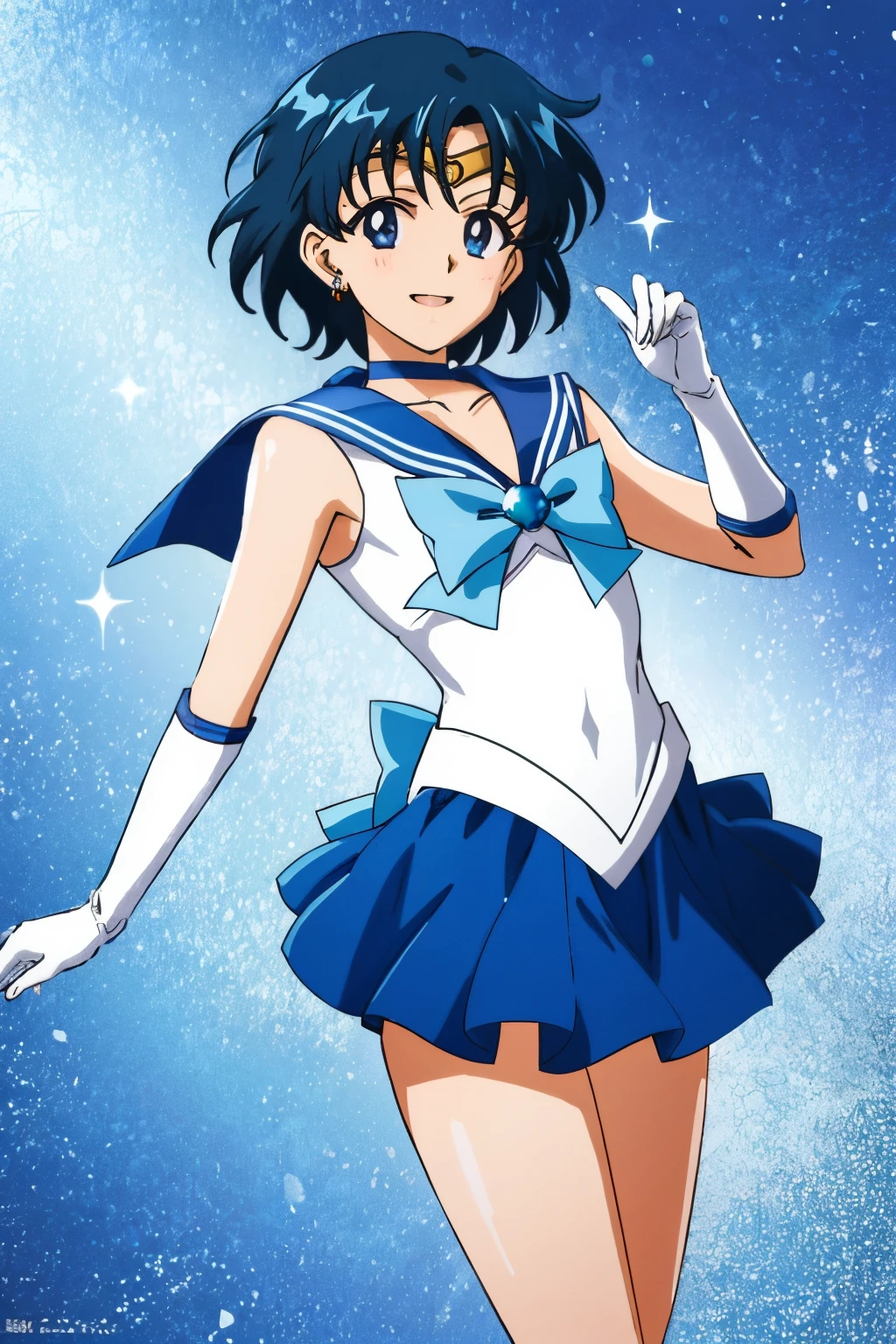 Top Quality Anime Art、masterpiece、high definition anime art、アニメstyle4K、High resolution、anime boy、Junior high school boys、solo、jewelry、blue choker、white gloves、elbow bag、Very short blue-haired boy、Sailor Senshi Uniform、skirt、earrings、Blue-eyed boy、blue sailor collar、Sky blue bow tie、smile、blue skirt、Strong muscles、white leotard、high leg leotard、white dress、Condescending、mini skirt、pleated skirt、blue_bow、sky blue_bow、white_bow、bow、Boy standing、collarbone、Muscular and strong、cowboy shot、bangs、brooch、mouth closed、strong abdominal muscles、Magical Boy、muscular man、Bare shoulders、bare legs、魅惑的なanime boy、(1990s\(style\):0.9)、