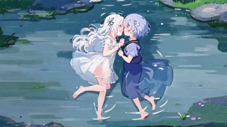 (2girls:1.1),(from side:1.1),(holding hands:1.1),whole body,Bandeau dress,barefoot,lace,ribbon,Strapless,Ejaculate,fair skin,The skin is delicate and shiny,light blue pupils
