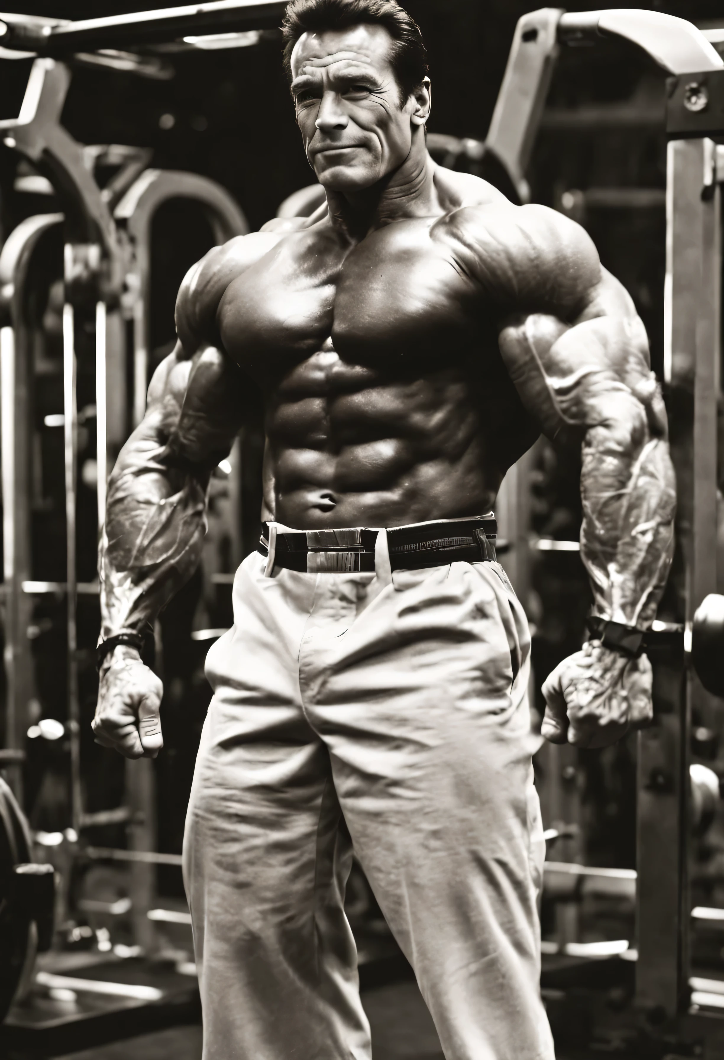 un Arnold Schwarzenegger musclé, torse nu, fléchir ses biceps, le sourire emblématique d'Arnold, la sueur luisait sur le corps, regard intense, les veines ressortent sur ses bras, muscular physique, posture confiante et puissante, standing in front of a équipement de gymnastique, entouré de plaques d'haltérophilie, Ambiance gymnase, entraînement intense, La musculation, Corps de bodybuilder, Objectifs corporels, détermination, Motivation, Inspiration fitness, muscles forts et définis, forme et technique parfaites, dévouement au gymnase, transformation du corps, figure inspirante, icône de remise en forme, Héros d'action, scènes de cinéma emblématiques, La tenue Terminator d'Arnold, La pose signature d'Arnold, Entraînement intense, Arnold's Motivation quotes, levage de poids lourds, gym Motivation, Mode de vie de fitness, Le dévouement d'Arnold au fitness, Symétrie du corps, Motivation for a healthy lifestyle, tonus et muscles définis, Forte présence, routine d'exercices, équipement de gymnastique, Arnold's legacy in La musculation.