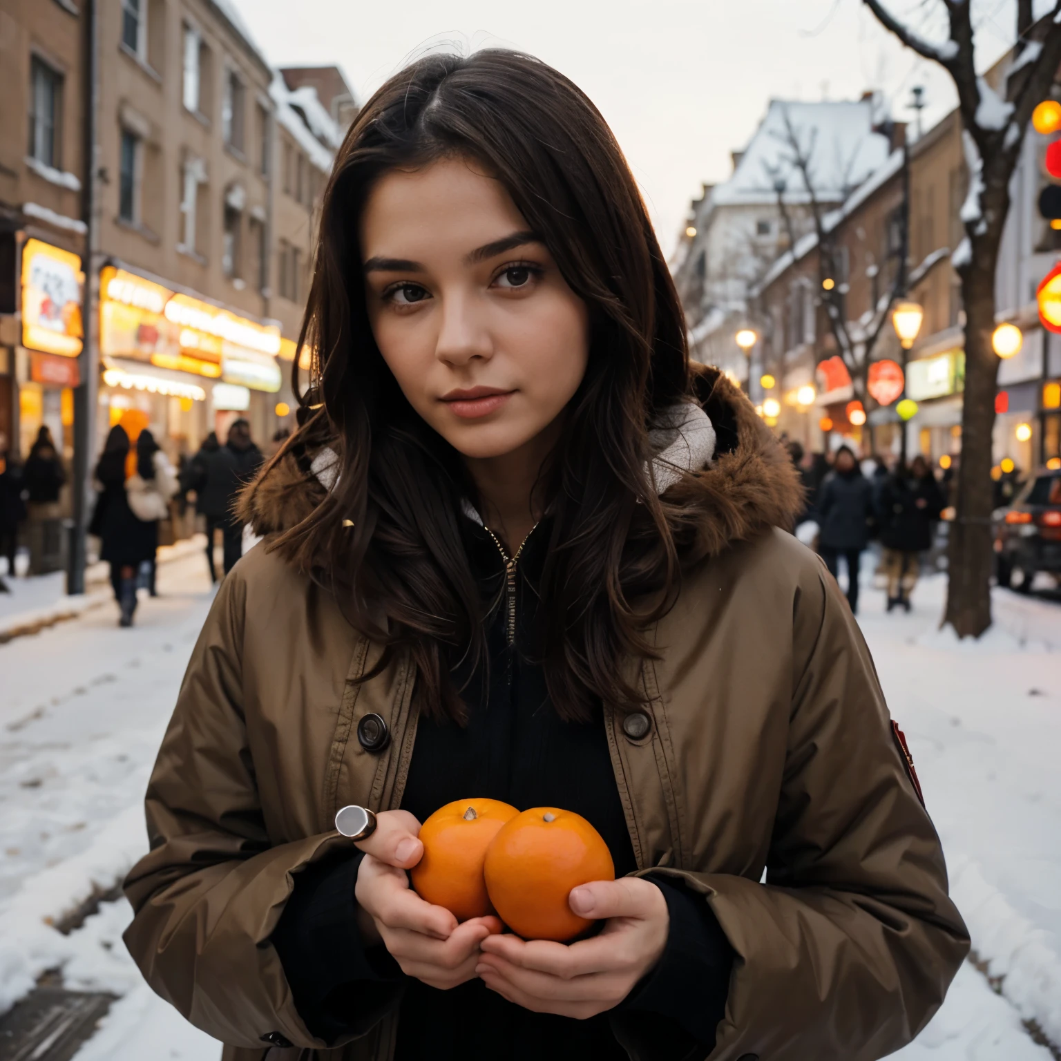 young woman,ussr,fur coat ,in winter with tangerines ,Brunette 