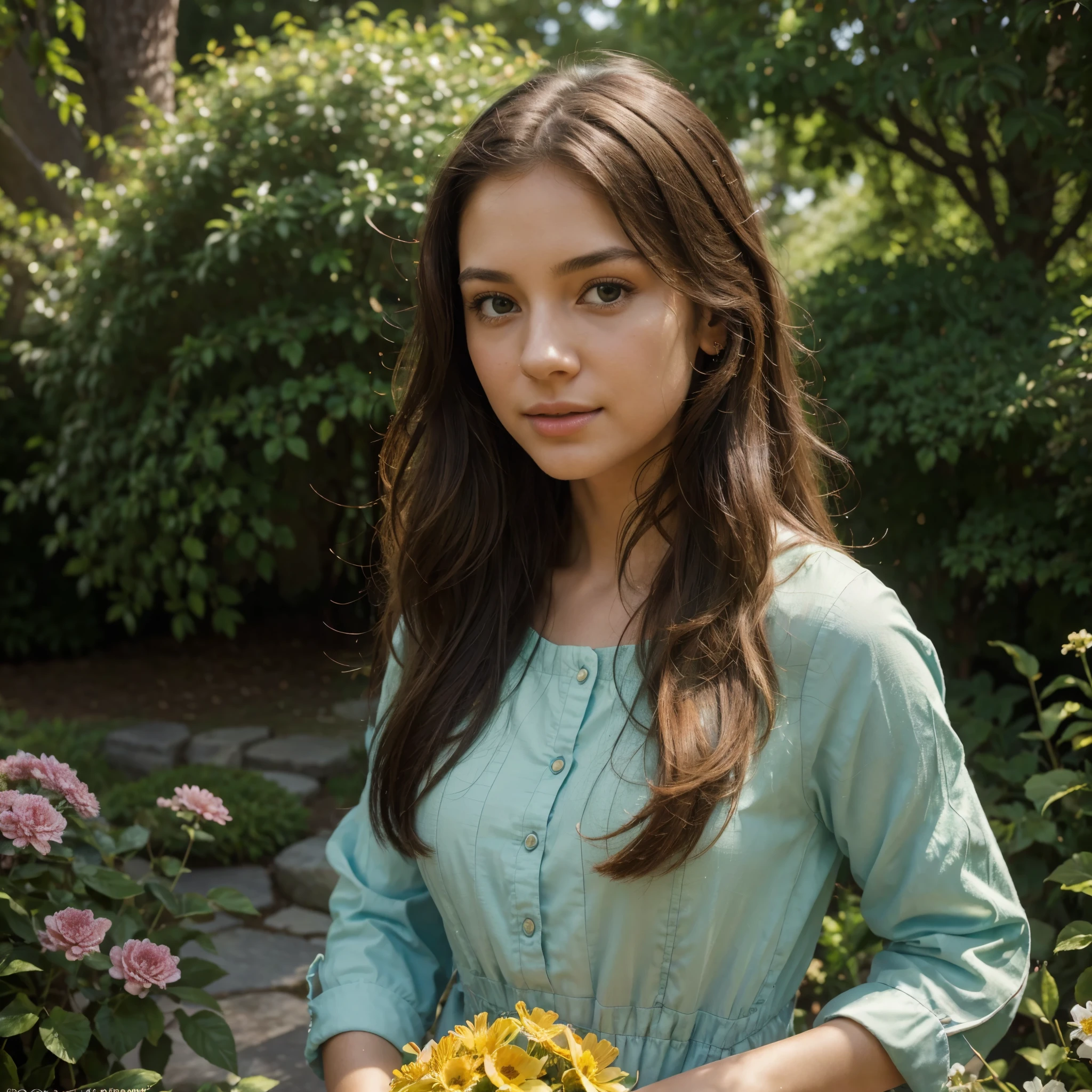 (best quality,4k,8k,highres,masterpiece:1.2),ultra-detailed,(realistic,photorealistic,photo-realistic:1.37),A girl with beautiful brown hair stands confidently in a vibrant garden. She has striking brown eyes that captivate anyone who looks at them. Her lips are perfectly curved, adding an alluring touch to her lovely face. The sunlight shines on her, illuminating her stunning features.

The medium used to create this artwork is a combination of traditional painting and digital illustration. The brush strokes are visible, giving a sense of texture and depth to the image. The colors are rich and vivid, creating a harmonious balance between the girl and the surrounding nature.

In this artwork, the garden is carefully designed to showcase various plants and flowers. The lush green grass covers the ground, while colorful flowers bloom in every corner. Tall trees provide shade and add a sense of tranquility to the scene. Small butterflies dance in the air, adding a touch of whimsy to the overall atmosphere.

The image quality is of the highest standard, with every detail meticulously rendered. Every strand of the girl's hair is visible, flowing gracefully in the gentle breeze. The intricate patterns on her dress are carefully painted, giving it a realistic and lifelike appearance. The lighting in the artwork is soft and warm, creating a serene and inviting ambiance.

The overall artistic style of this artwork is a blend of realism and impressionism. The attention to detail and the capturing of emotions make it a mesmerizing piece of art. The color palette is vibrant and lively, evoking a sense of joy and happiness. The image has a dreamy quality, enhancing the overall enchantment of the scene.