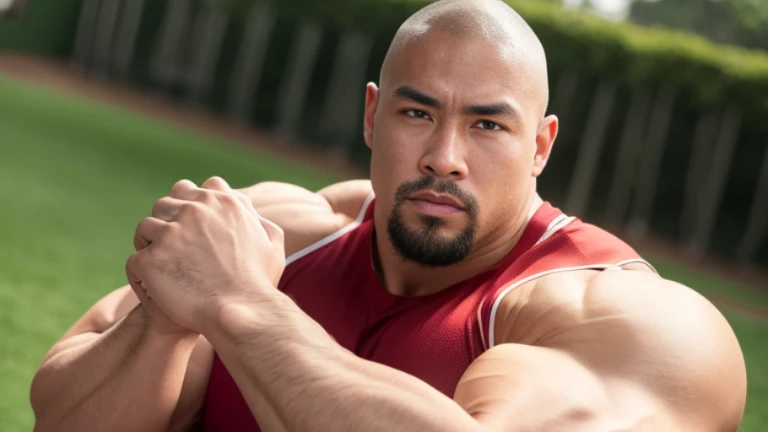 (Highly detailed 8K wallpaper), asian man, muscle worship, fold your arms, On the playground, baseball uniform, high detail, very short hair, skin head, Circular cut, very large and strong body, bulging muscles, muscular, very large pectoral muscles. Very sexy abs, legs are muscular, Toned figure, brightens oily skin, muscular, Tank top, T-shirt, long shot, wide shot