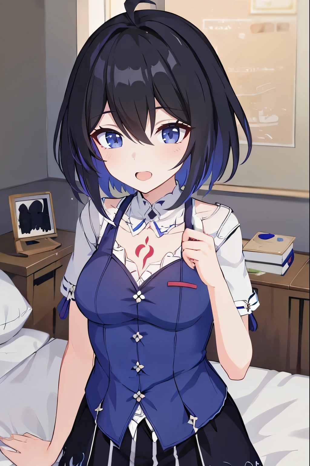 1 girl, best quality, ultra high res, ahoge, Seele Vollerei, medium breast, smile, small body, open mouth, azure clothes, short sleeves, bedroom, white bed sheets, pov, chest  tattoo, upper body, looking at viewers, looking you, blue eyes, black hair, blue hair, perfect detailed, 